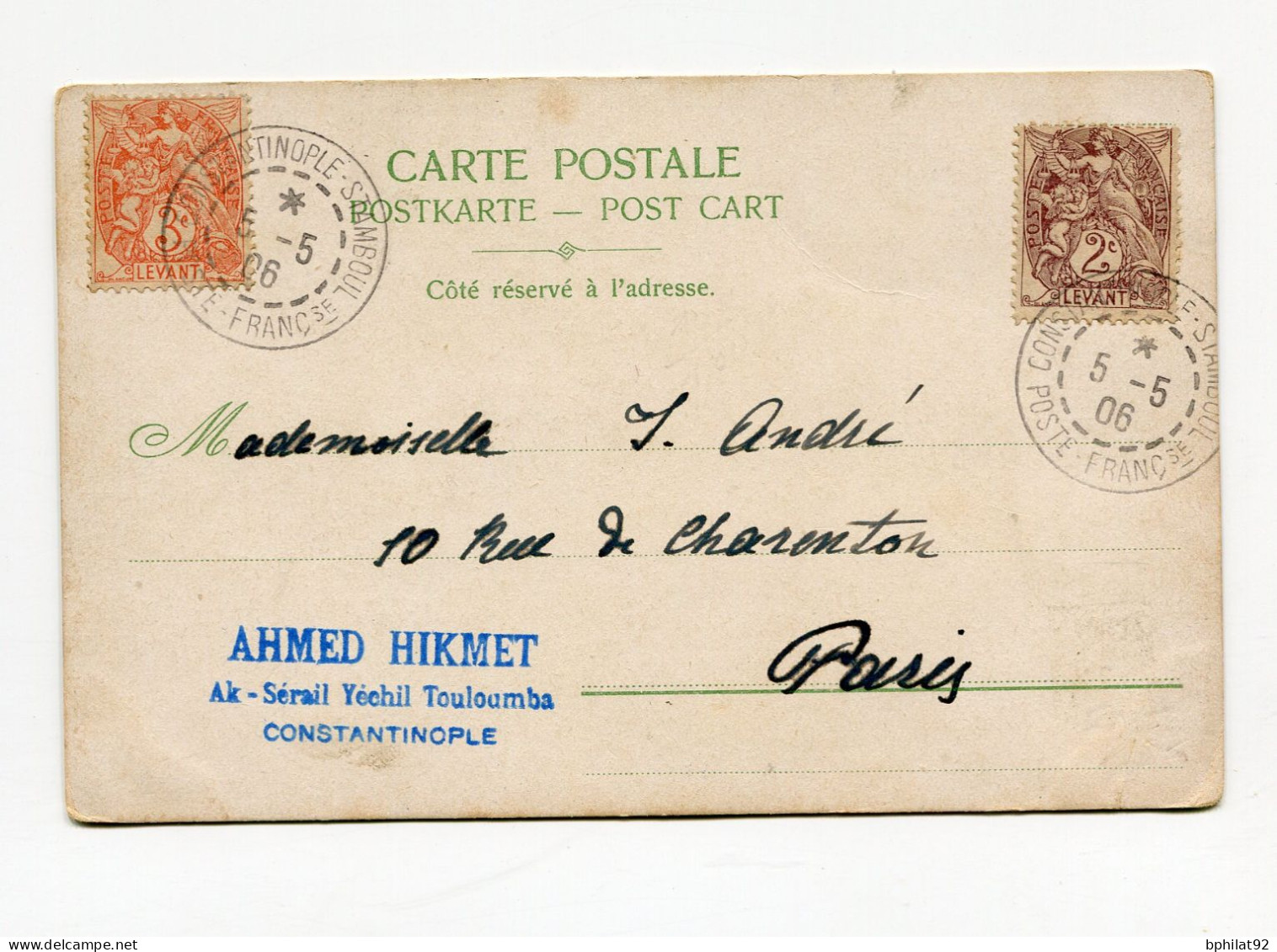 !!! TYPES BLANC SUR CPA, CACHET CONSTANTINOPLE - STAMBOUL POSTE FRANCAISE DU 5/5/1906 - Lettres & Documents