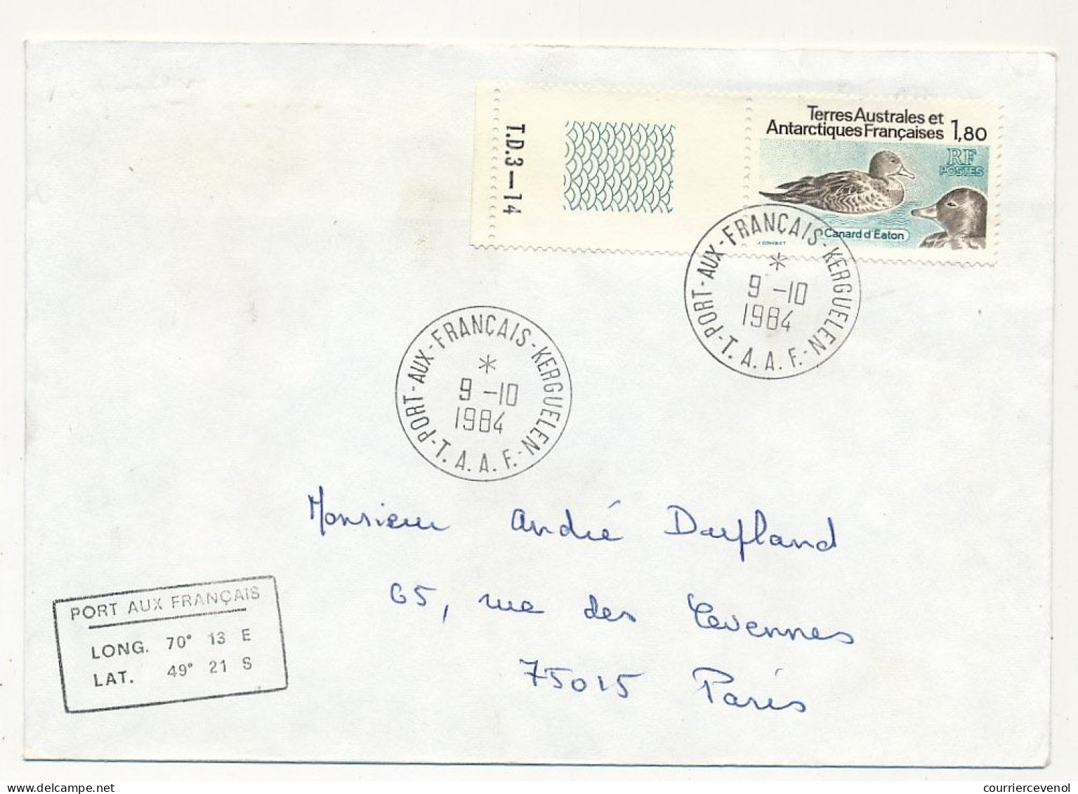 TAAF - Env. Aff 1,80 Canard D'Eaton, Obl Port Aux Français Kerguelen 9/10/1984 - Covers & Documents