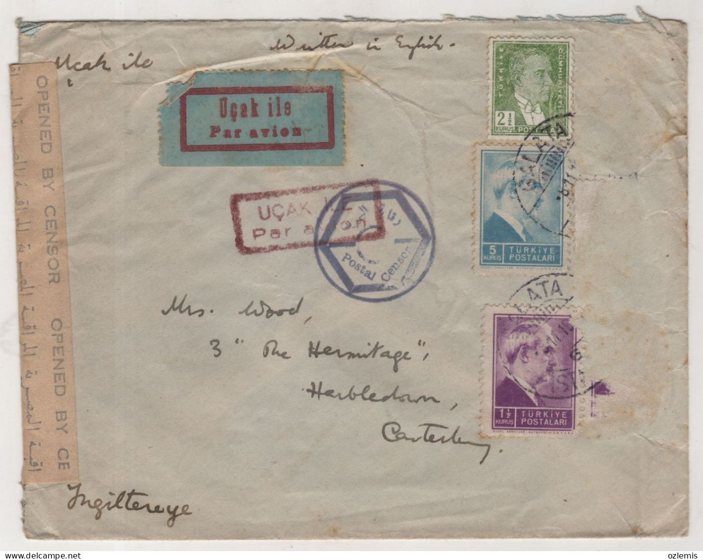 TURKEY,TURKEI,TURQUIE ,ISTANBUL TO IENGLAND ,,1943 ,CENSOR, EGYPTIAN ,CENSORSHIP ,COVER - Lettres & Documents