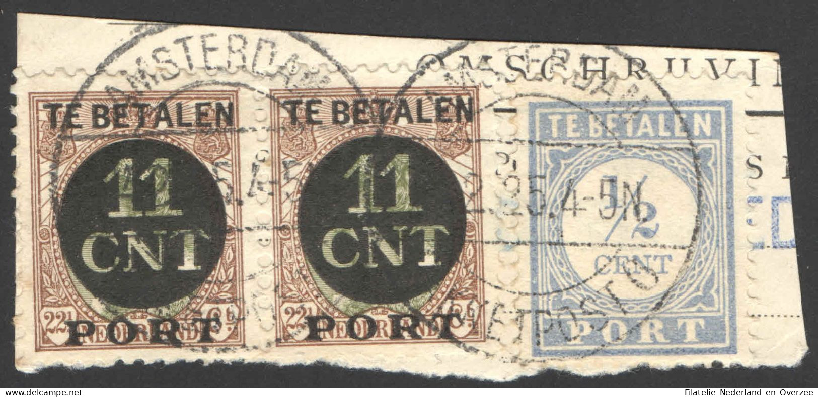 Nederland 1924 Postpakket-verrekenzegel 1 (2x) Gestempeld/used Briefstukje Met Port 44 (Stempel!!) - Andere & Zonder Classificatie