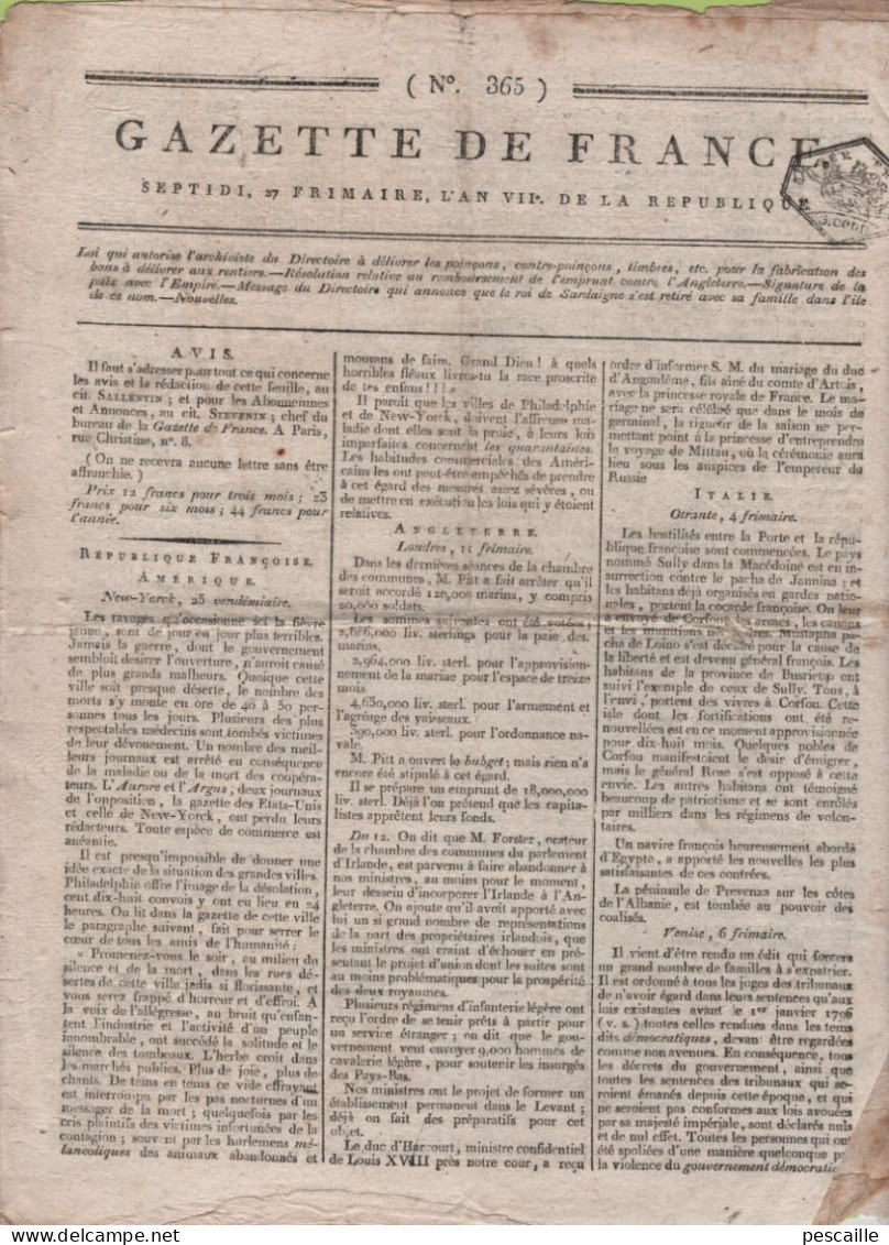 GAZETTE DE FRANCE 27 FRIMAIRE AN 7 - ETATS UNIS - IRLANDE - CORFOU - VENISE - TERNI - LUCERNE - HONDSCHOOTE - PORTUGAL - Journaux Anciens - Avant 1800