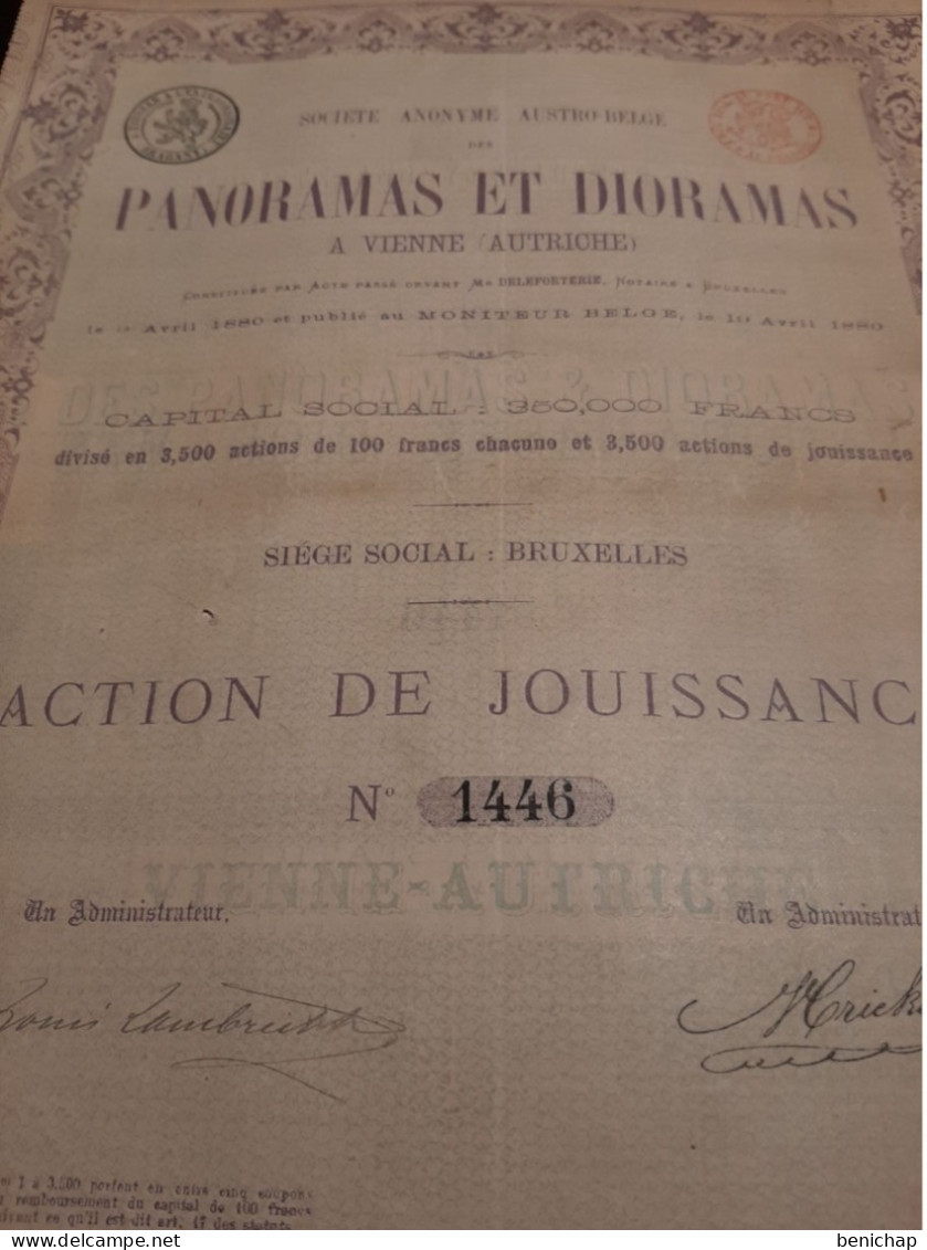 S.A. Austro - Belge Des Panoramas Et Dioramas à Vienne (Autriche) - Action De Jouissance - Vienne - Bxl 19 Avril 1888. - Tourism