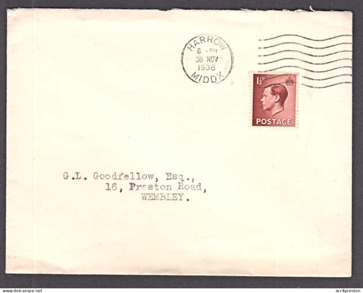 Ca0686  GREAT BRITAIN 1936, KEVIII Cover From Harrow To  Wembley - Briefe U. Dokumente