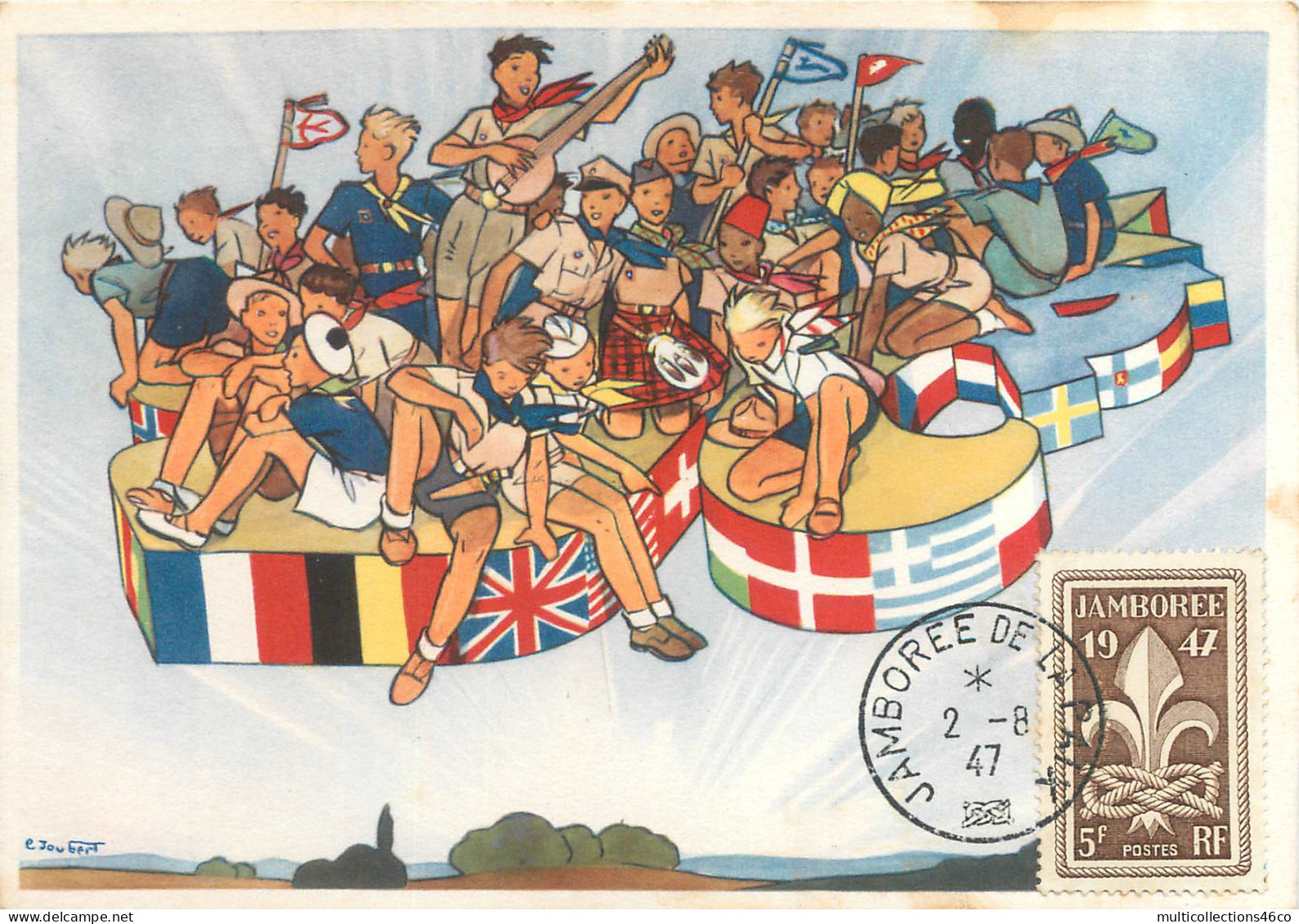 160423 - CPSM SCOUTISME TIMBRE - JAMBOREE DE LA PAIX 1947 5 F Illustration E JOUBERT Kilt Musique Marin édtions OZANNE - Oblitérés