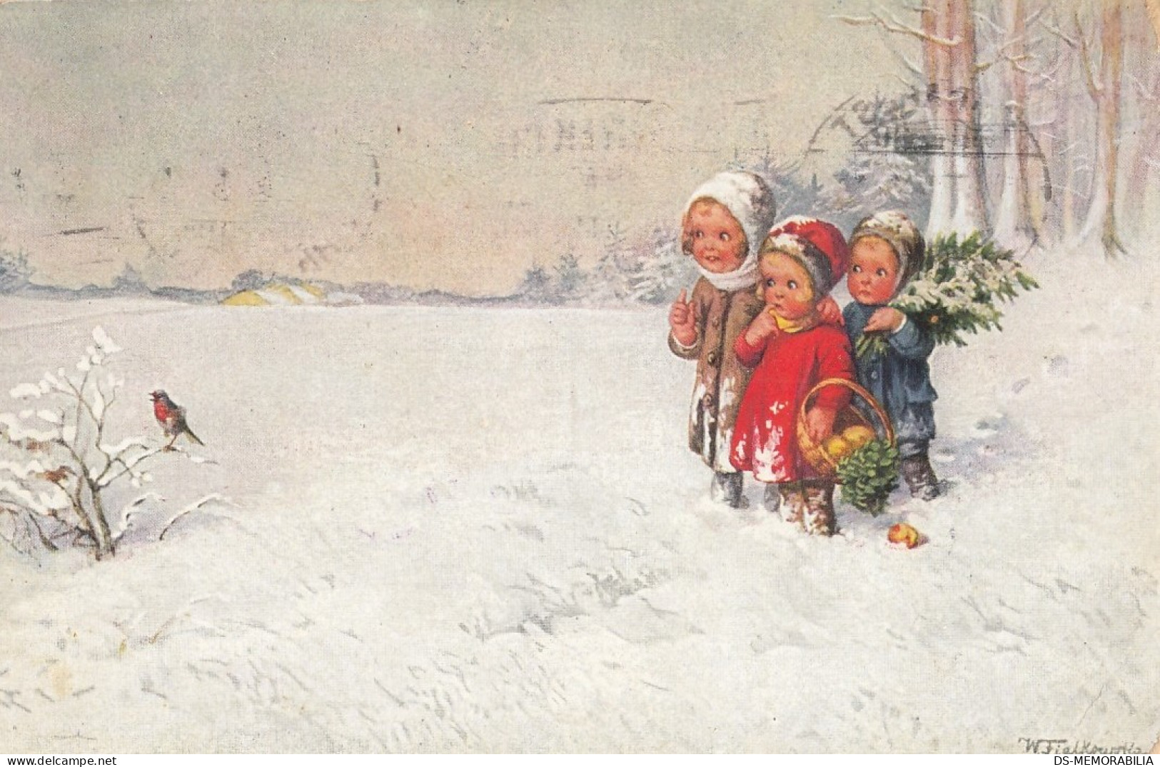 Wally Fialkowska - Children In Forest W Christmas Tree & Fruits Basket - Fialkowska, Wally