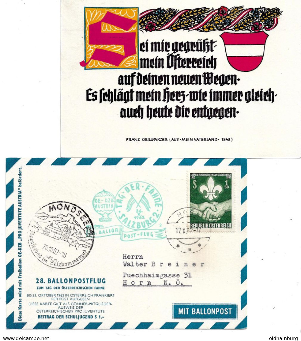 2302g: Österreich 1962, Sei Gegrüßt Mein Vaterland (Ballonpost Mondsee Mit Grillparzer- Zitat) - Mondsee