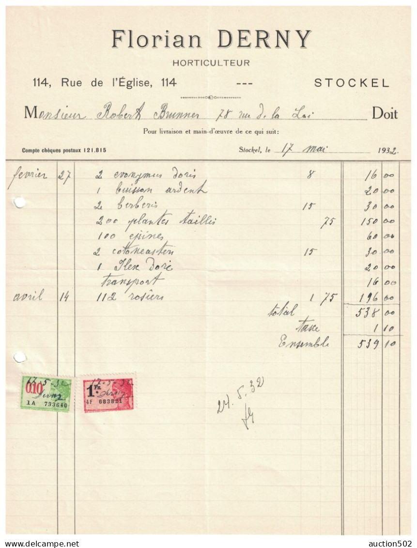 Facture 1932 Stockel - Bruxelles Horticulteur TP Fiscaux - Straßenhandel Und Kleingewerbe