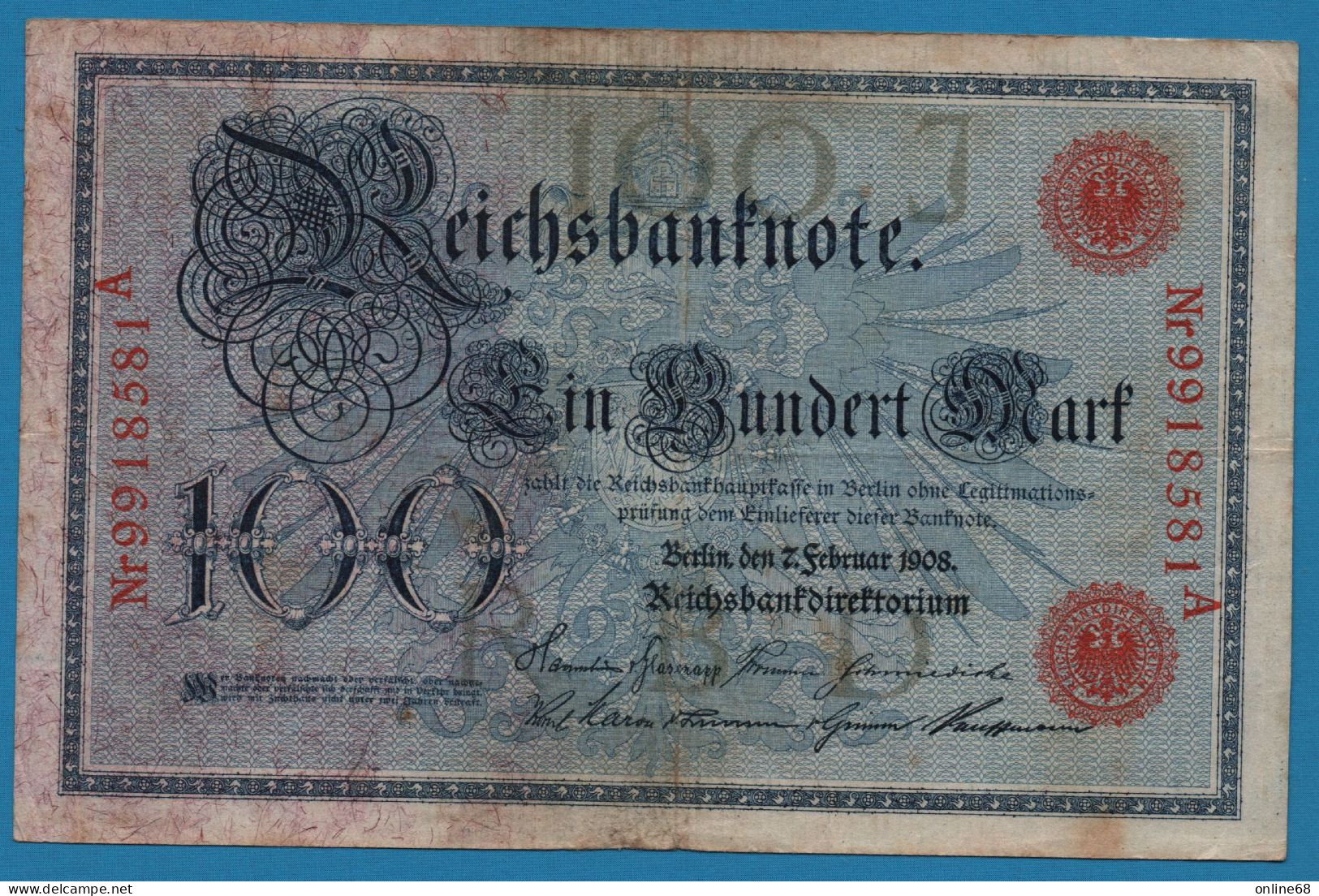 DEUTSCHES REICH 100 MARK 07.02.1908 # 9918581A P# 33a Reichsbank - 100 Mark
