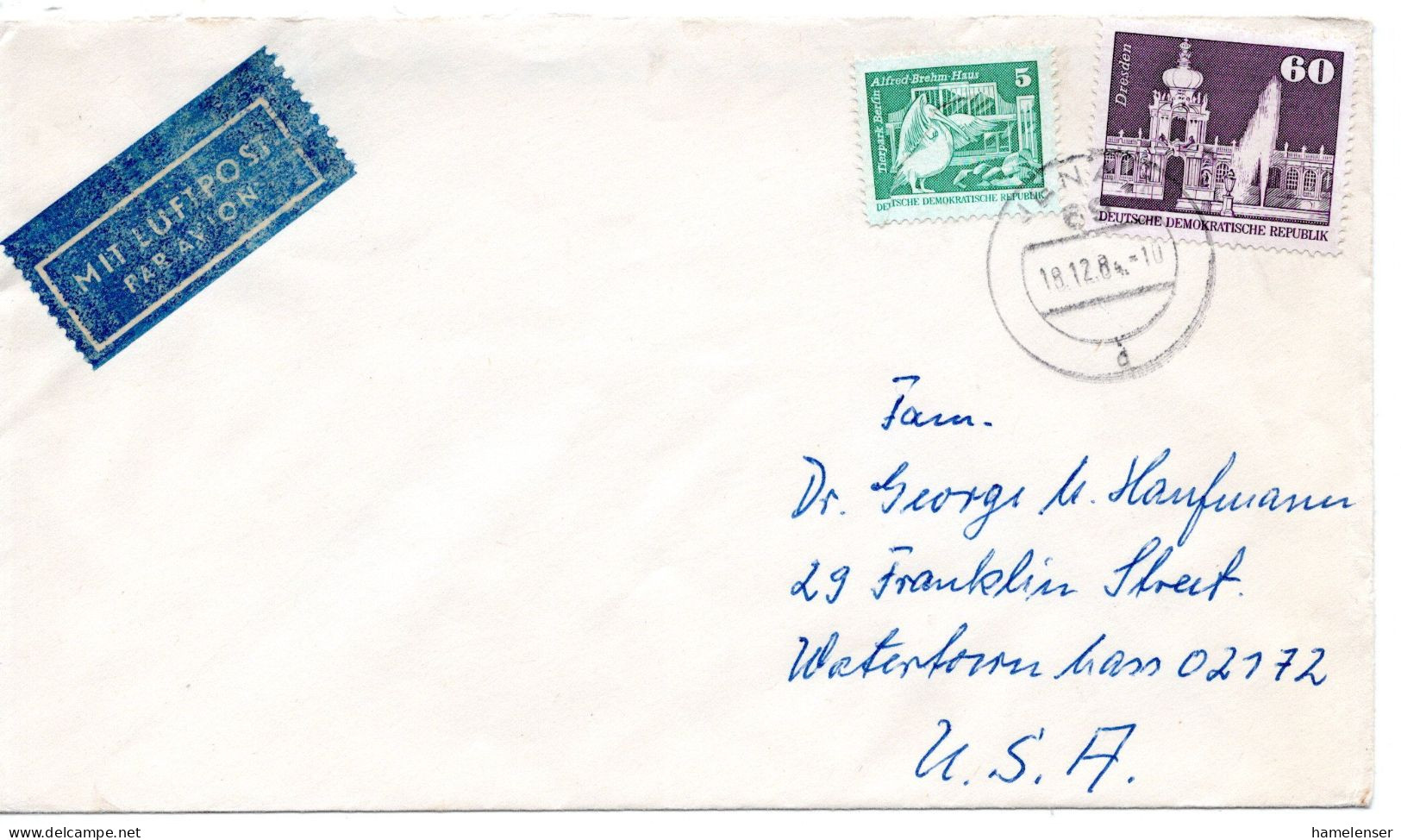 65293 - DDR - 1984 - 60Pfg Gr.Bauten MiF A LpBf JENA -> Watertown, MA (USA) - Lettres & Documents