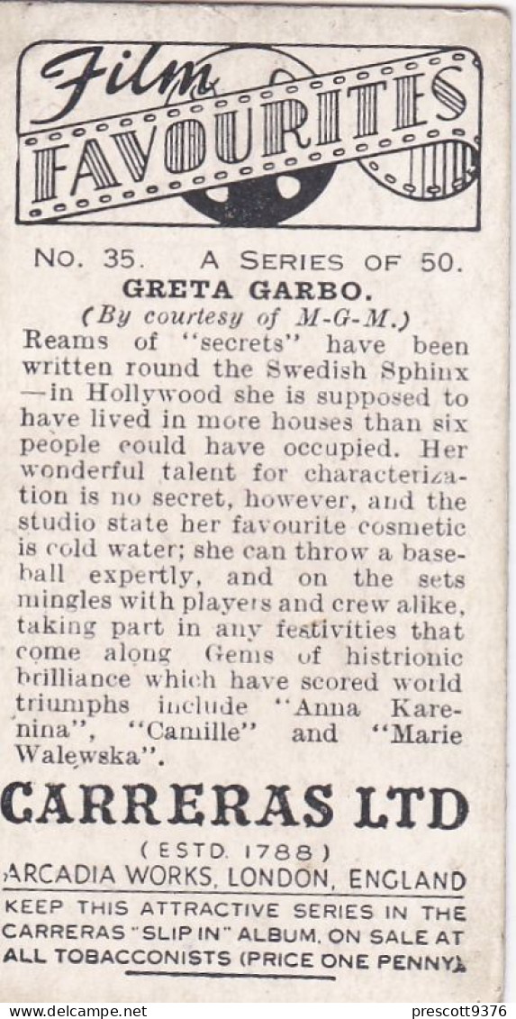 35 Greta Garbo  - Film Favourites 1938 - Original Carreras Cigarette Card - - Phillips / BDV