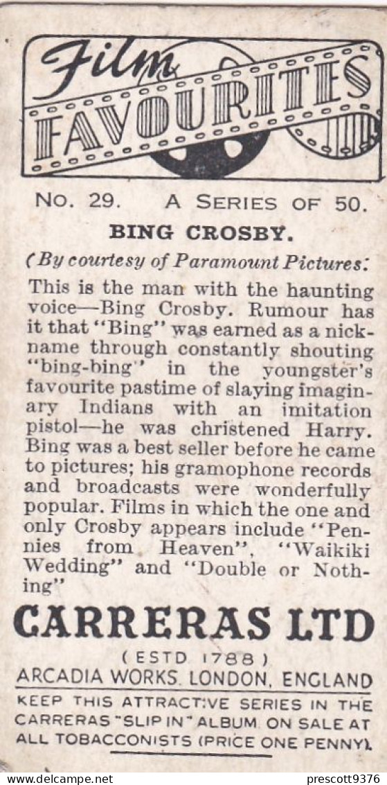 29 Bing Crosby  - Film Favourites 1938 - Original Carreras Cigarette Card - - Phillips / BDV