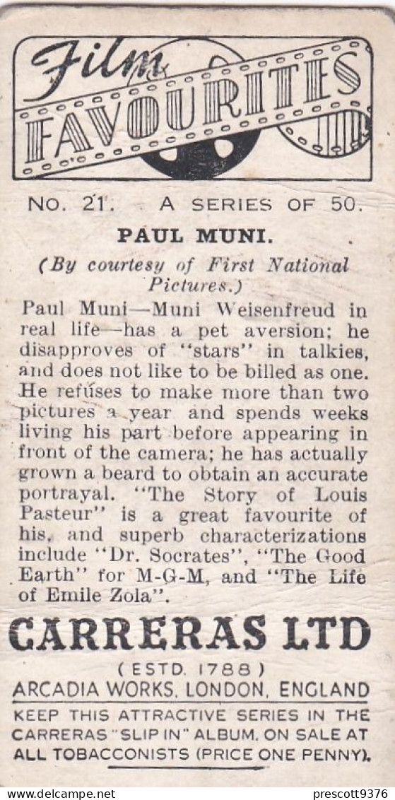 21 Paul Muni  - Film Favourites 1938 - Original Carreras Cigarette Card - - Phillips / BDV