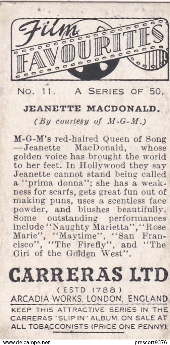 11 Jeanette Macdonald - Film Favourites 1938 - Original Carreras Cigarette Card - - Phillips / BDV
