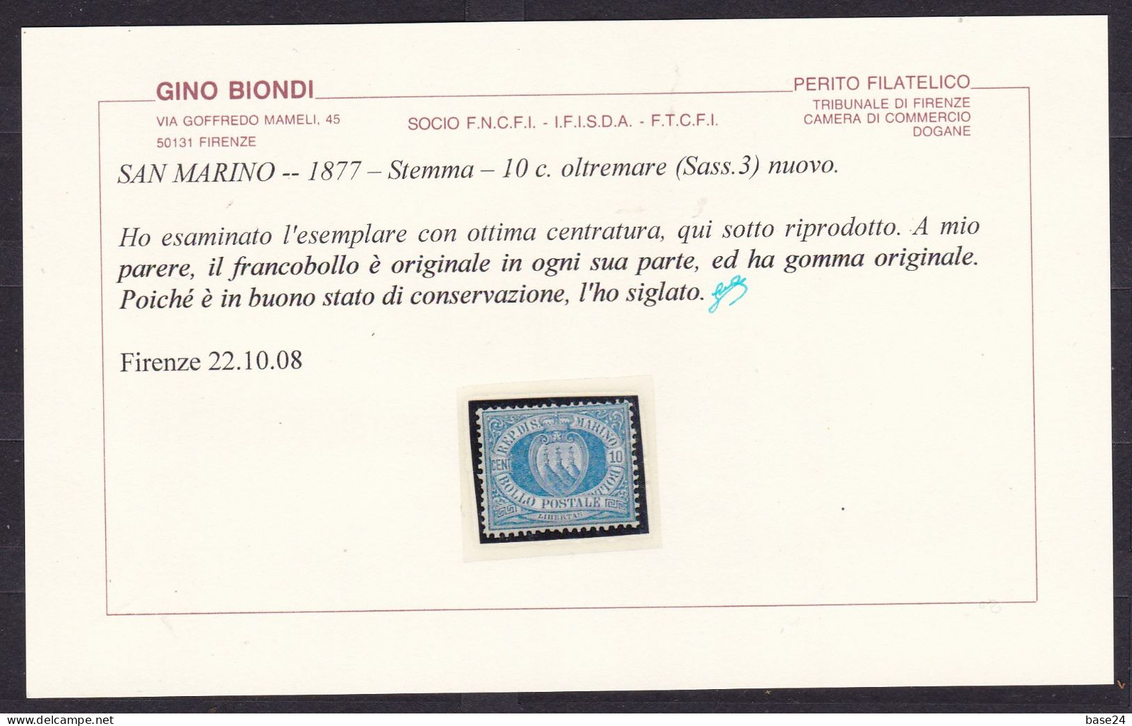1877 San Marino Saint Marin CIFRA O STEMMA 10c. Oltremare (3) Certificato Biondi MLH* - Ongebruikt