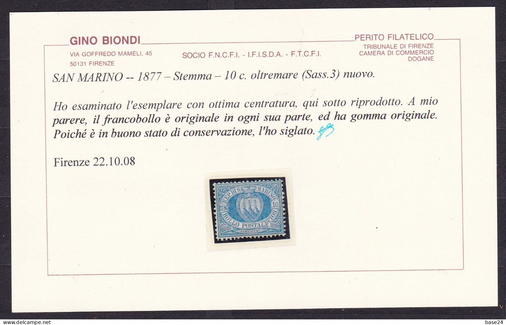 1877 San Marino Saint Marin CIFRA O STEMMA 10c. Oltremare (3) Certificato Biondi MLH* - Nuevos