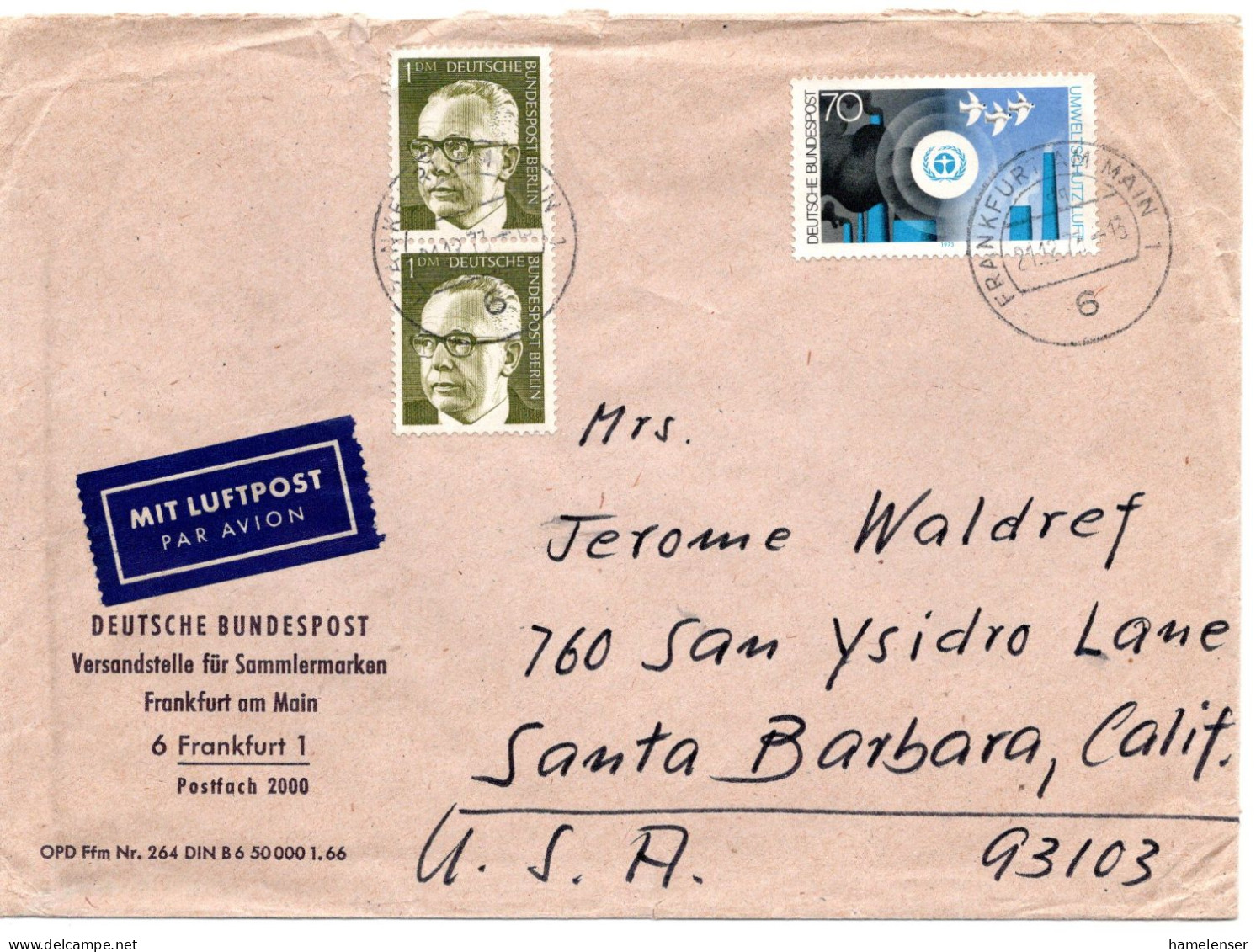 65329 - Bund - 1973 - 2@1DM Heinemann MiF A LpBf FRANKFURT -> Santa Barbara, CA (USA) - Lettres & Documents