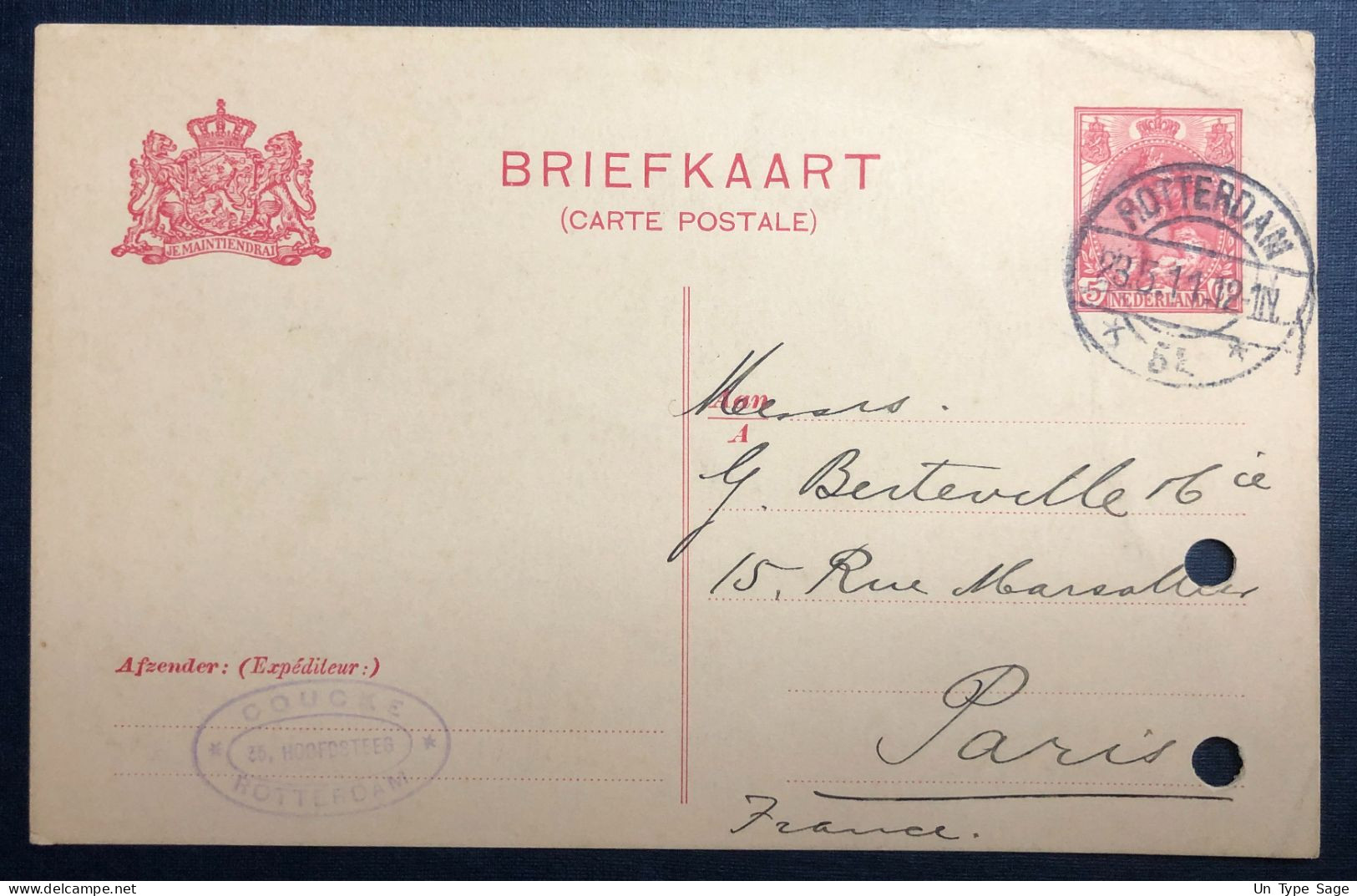 Pays-Bas, Entier-Carte, Cachet ROTTERDAM 23.5.1911 Pour Paris - (N576) - Interi Postali