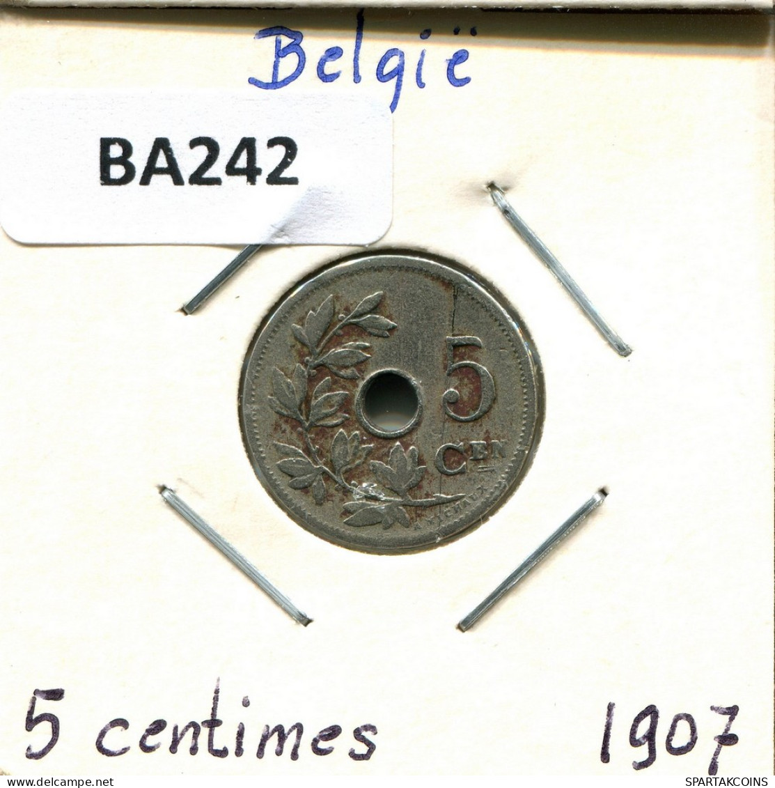 5 CENTIMES 1907 DUTCH Text BELGIQUE BELGIUM Pièce #BA242.F - 5 Cents