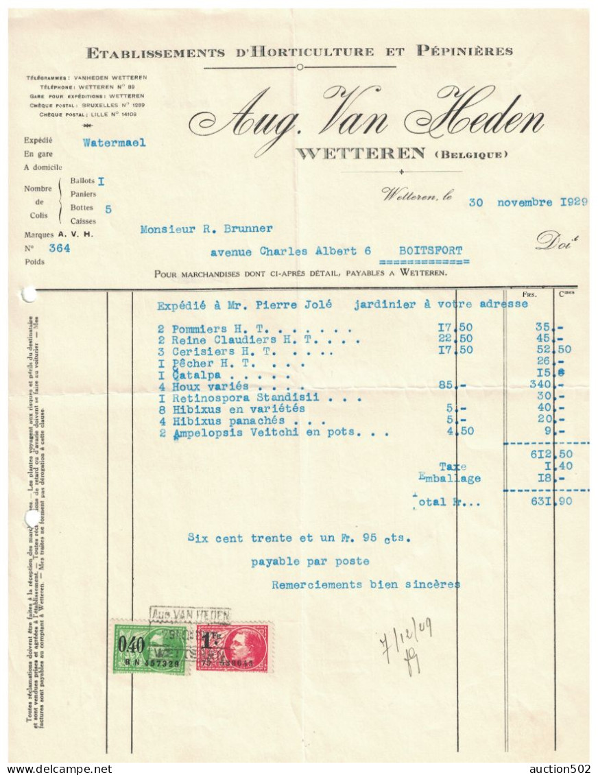 Facture 1929 Wetteren Aug. Van Heden Etablissement D''Horticulture Er Pépinières  TP Fiscaux - Artigianato