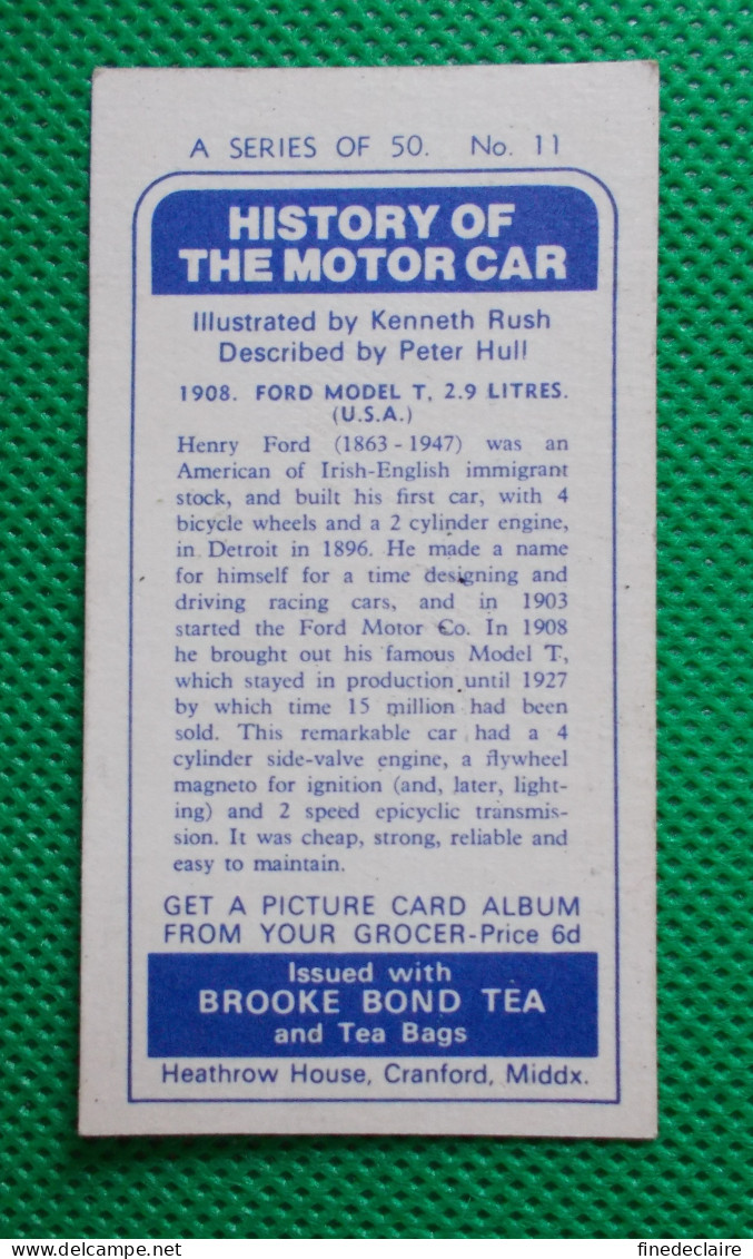 Trading Card - Brooke Bond Tea- History Of The Motor Car - 1908 Ford Model T 2.9 Litres - (6,8 X 3,7)-Série 50 - N° 11 - Motori