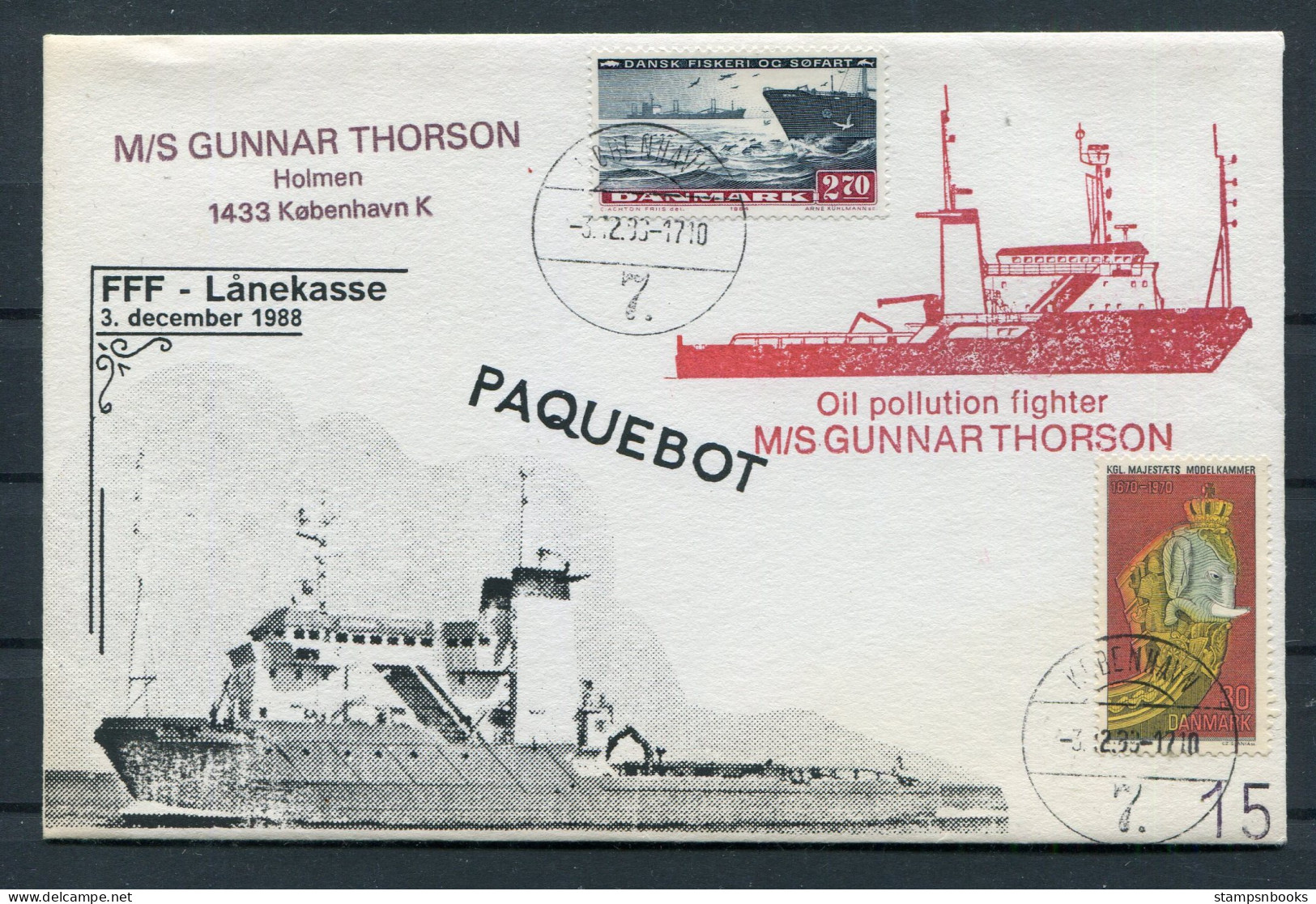 1988 Denmark Copenhagen "M/S GUNNAR THORSON" Oil Polution Fighter Ship Paquebot Cover. Slania - Lettres & Documents