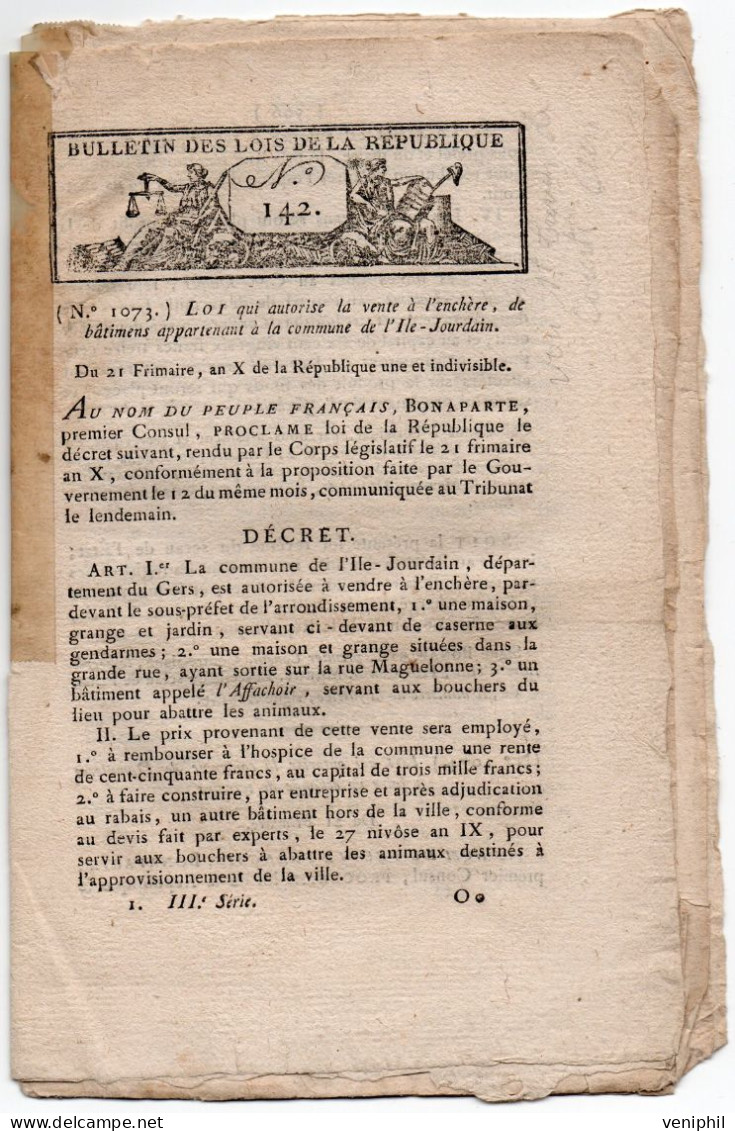 DECRET DE LA COMMUNE DE L'ILE - JOURDAIN - GERS - LOI QUI AUTORISE LA VENTE DE BATIMENTS APPARTENANT A LA COMMUNE - Decrees & Laws