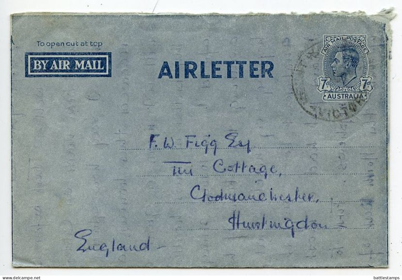 Australia 1951 7p. King George VI Aerogramme / Air Letter; Melbourne, Victoria To Godmanchester, England - Aerogrammi