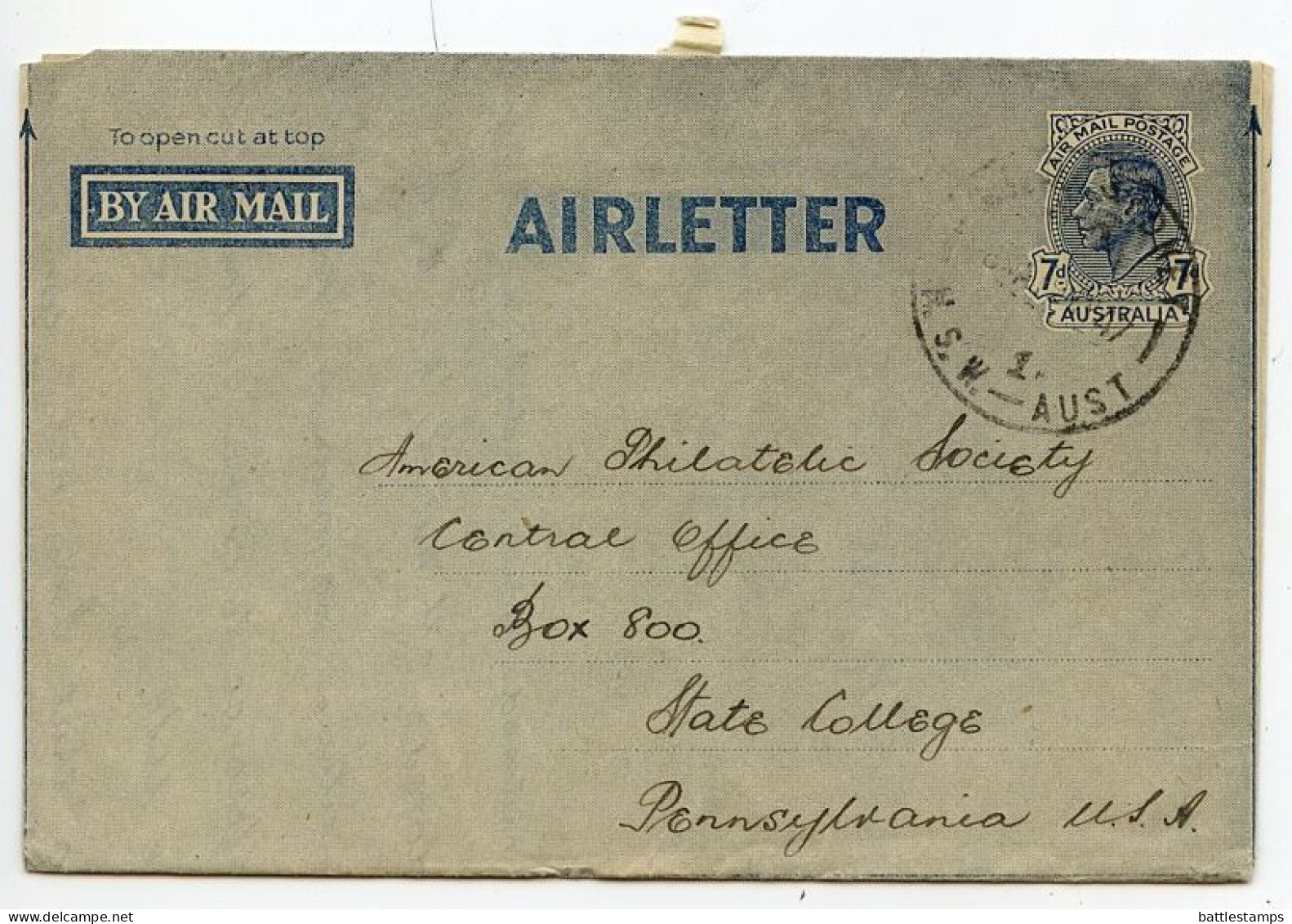 Australia 1947 7p. King George VI Aerogramme / Air Letter; Sydney, NSW To State College, Pennsylvania, United States - Aerogrammi