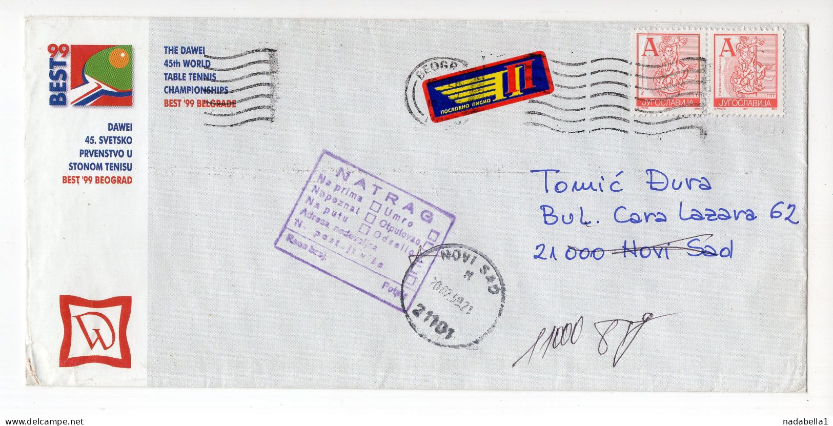 1999. YUGOSLAVIA,TABLE TENNIS DAWEI COVER,SERBIA,BELGRADE TO N.SAD AND RETURN - Storia Postale