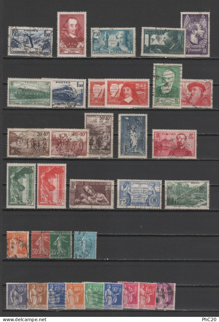 FRANCE - ANNÉE COMPLÈTE Oblitérés 1937 (hors PEXIP) - 34 Timbres (dont Descartes & Samothrace NEUFS *) - Yvert 334-371 - ....-1939