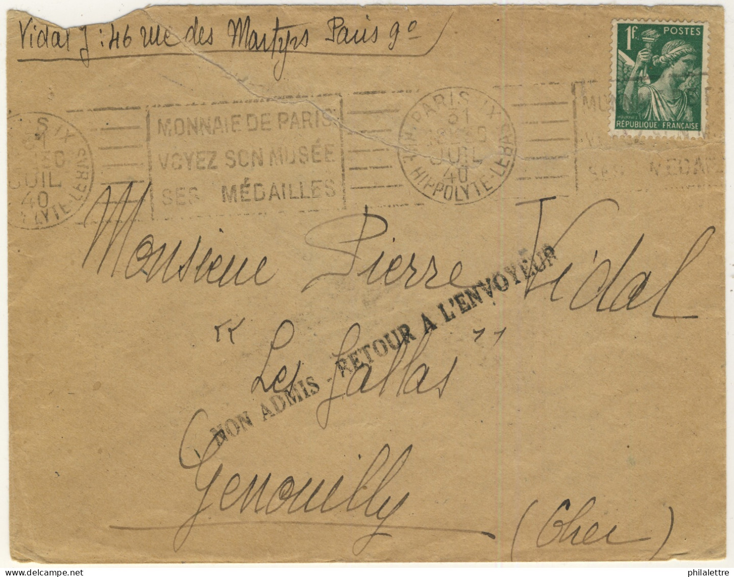 FRANCE - 1940 - Cachet "NON ADMIS - RETOUR A L'ENVOYEUR" Sur LSC De Paris à Genouilly (Cher) - Guerre De 1939-45
