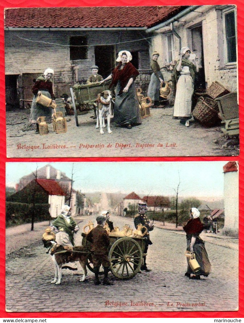 BELGIQUE - Laitières - 2 Cartes : Baptème Du Lait Et Le Procès Verbal - Attelages De Chiens - Ecrites En 1906 - R/V - Collections & Lots