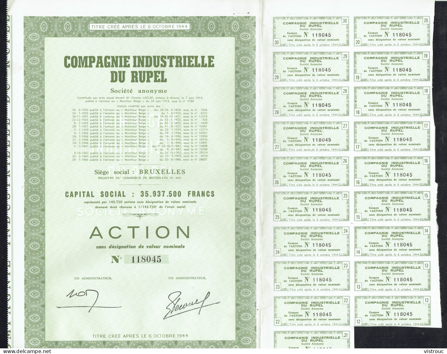 COMPAGNIE INDUSTRIELLE DU RUPEL - Action N° 118045 - BE - Boom - 1913 - CONSTRUCTION - Capital: 35.937.500 FB - Verkehr & Transport