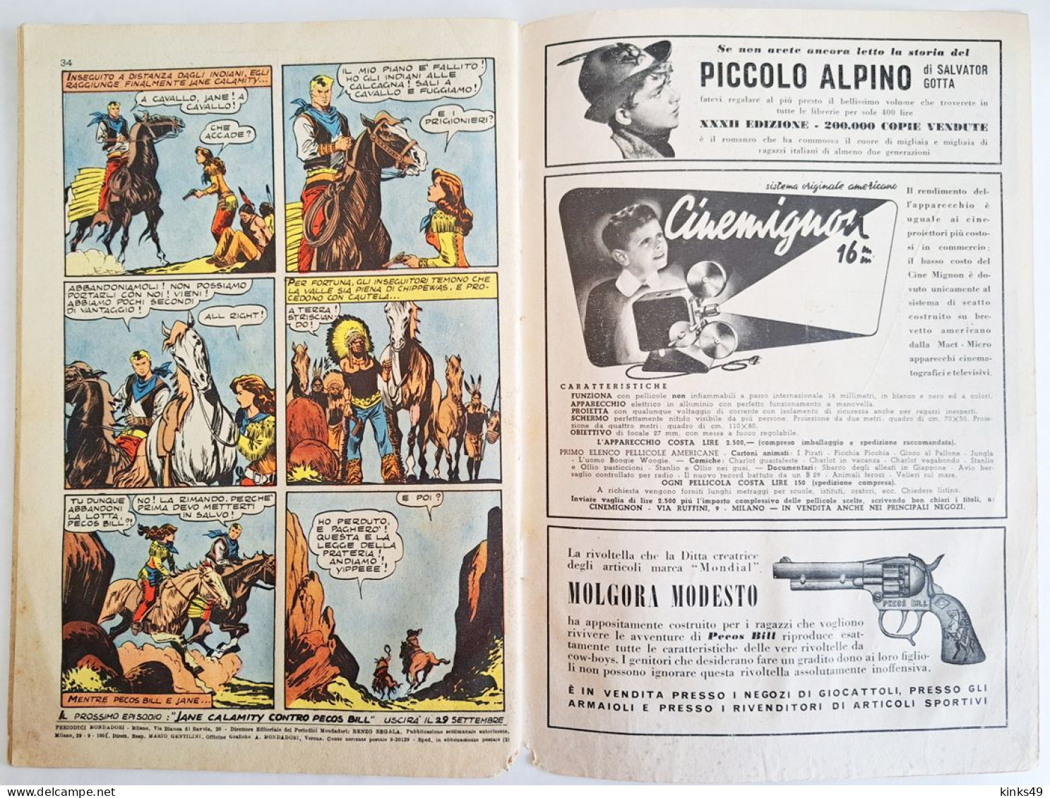 B226> PECOS BILL Albo D'Oro Mondadori N° 281 = 58° Episodio < La Legge Della Prateria > 29 SETTEMBRE 1951 - Primeras Ediciones