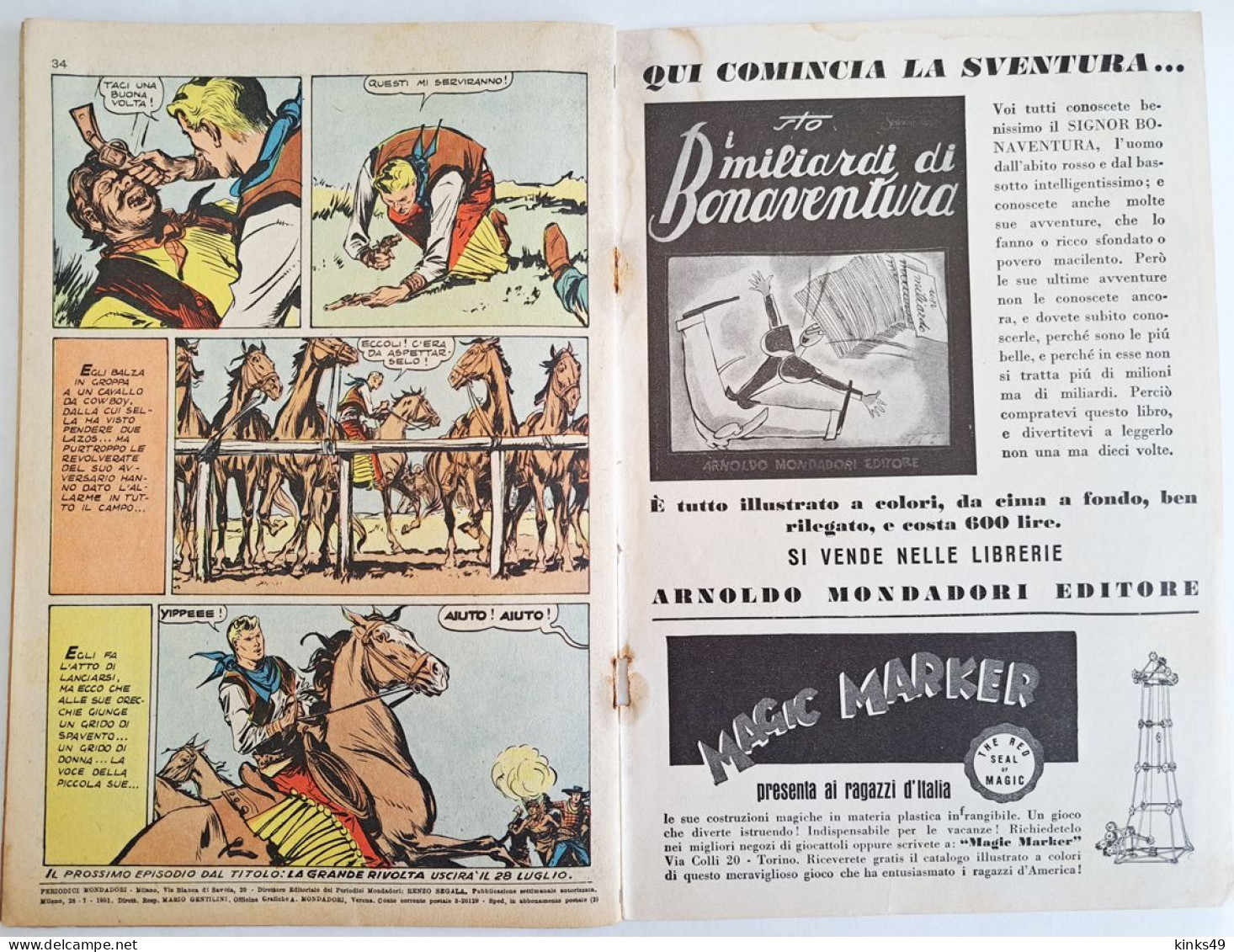 B226> PECOS BILL Albo D'Oro Mondadori N° 272 = 52° Episodio < Il Cavaliere Mascherato > 28 LUGLIO 1951 - First Editions