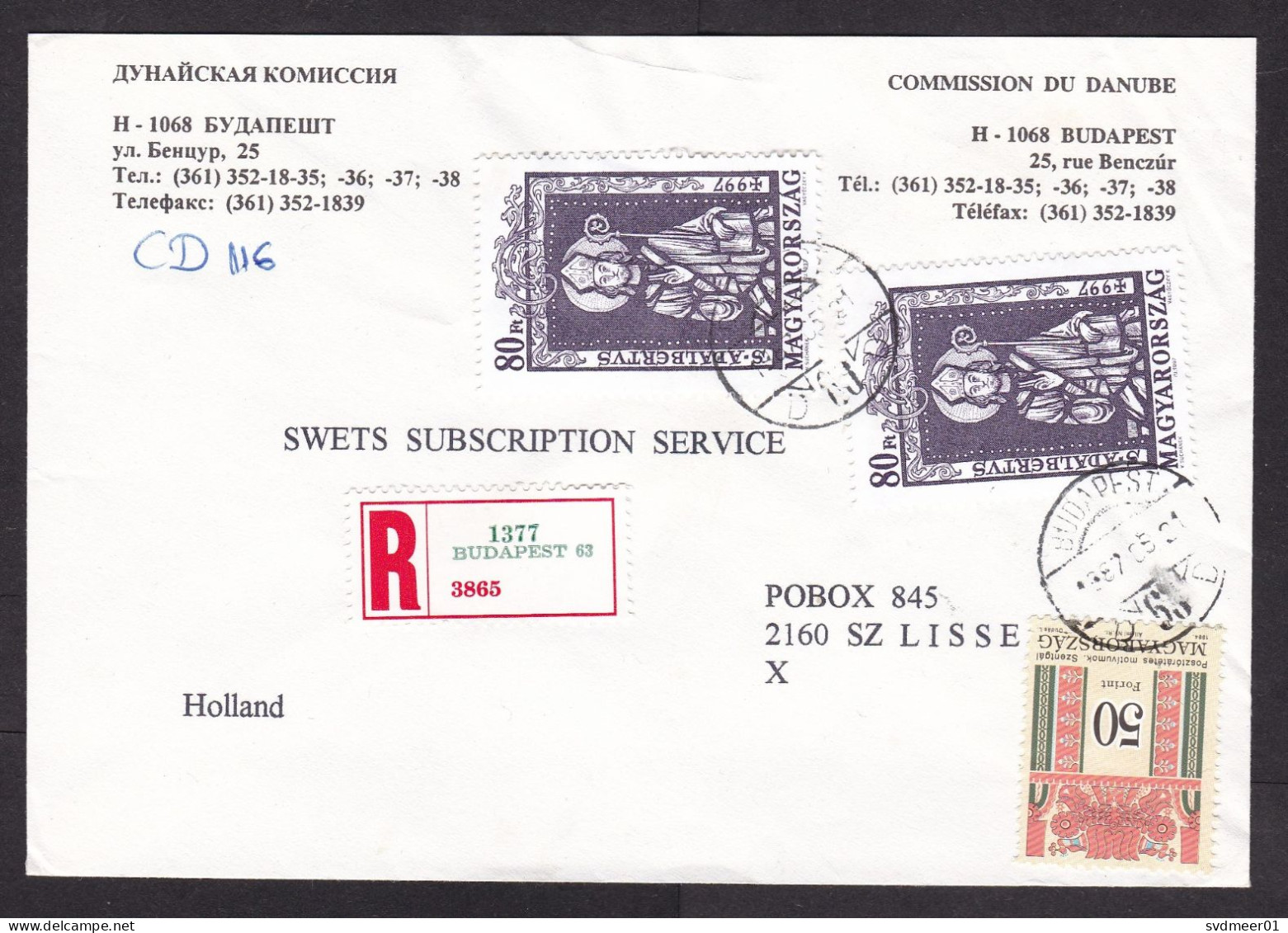 Hungary: Registered Cover To Netherlands, 1987, 3 Stamps, History, R-label, Sent By Danube Commission (minor Crease) - Storia Postale