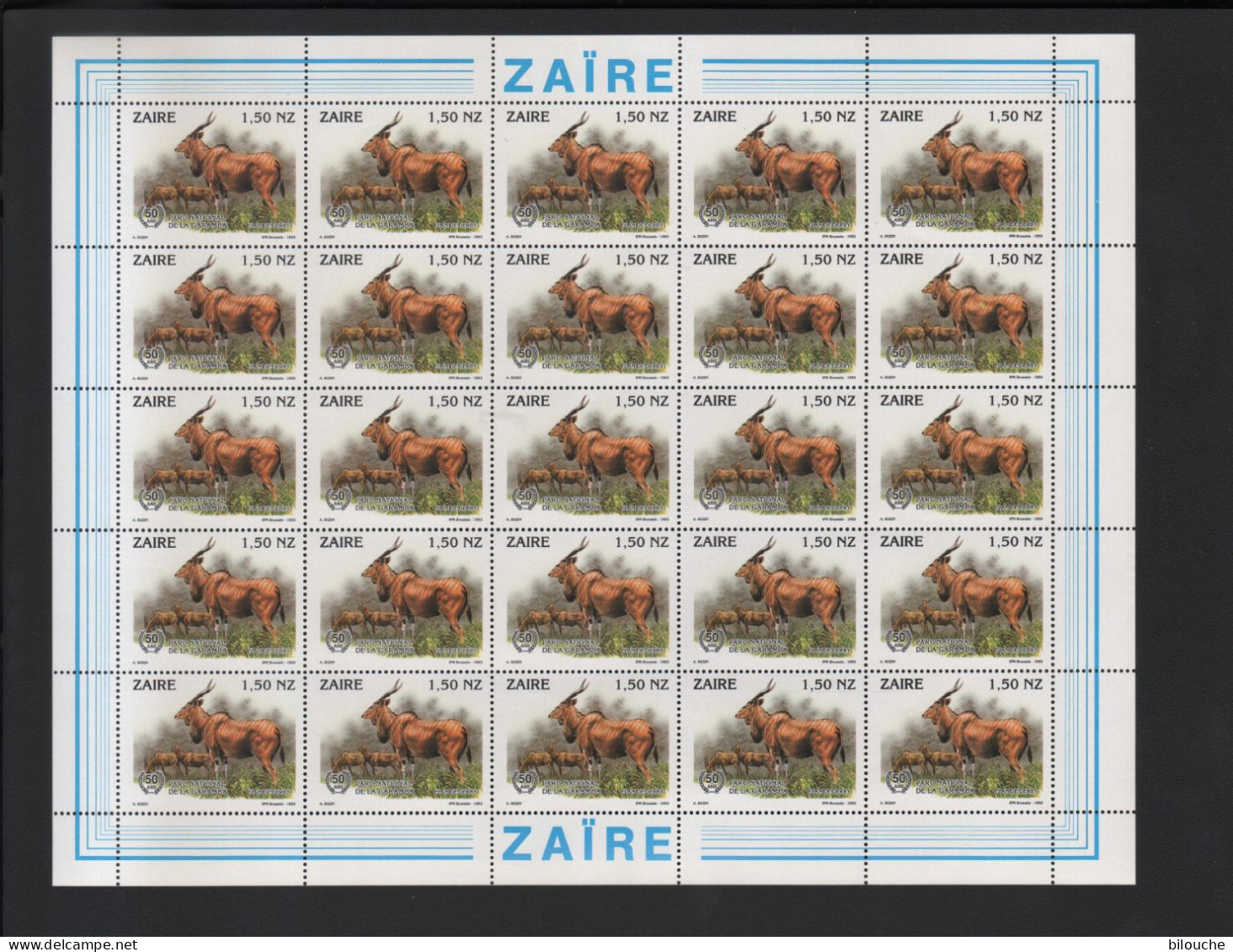 BUZIN /  ZAIRE 1994 /  50 ANS DU PARC DE LA GARAMBA  /  SERIE COMPLETE DE 6 FEUILLES (AVEC CELLE SURCHARGEE) - Ungebraucht