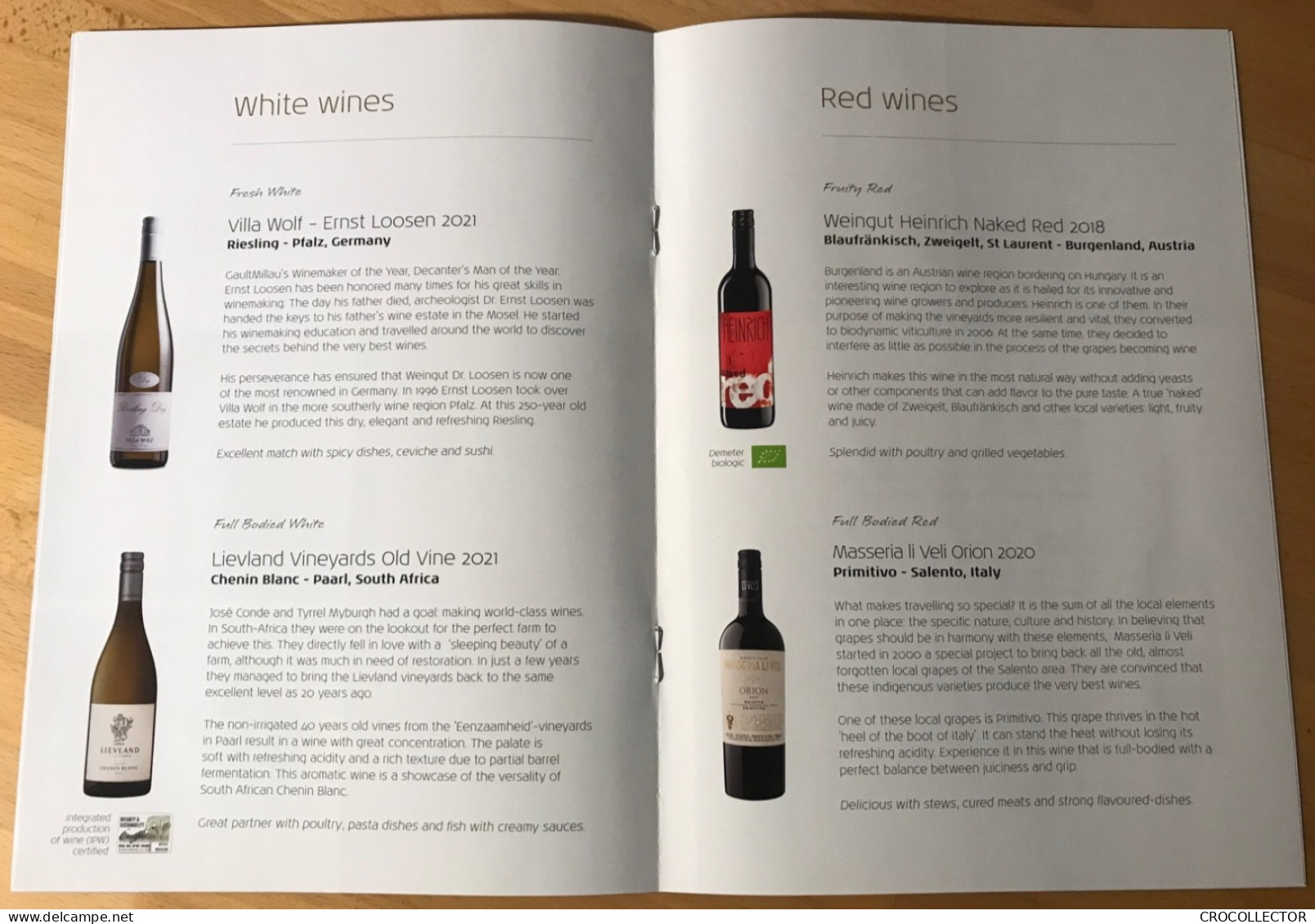 KLM Business Class Wines Menu - Menu Cards