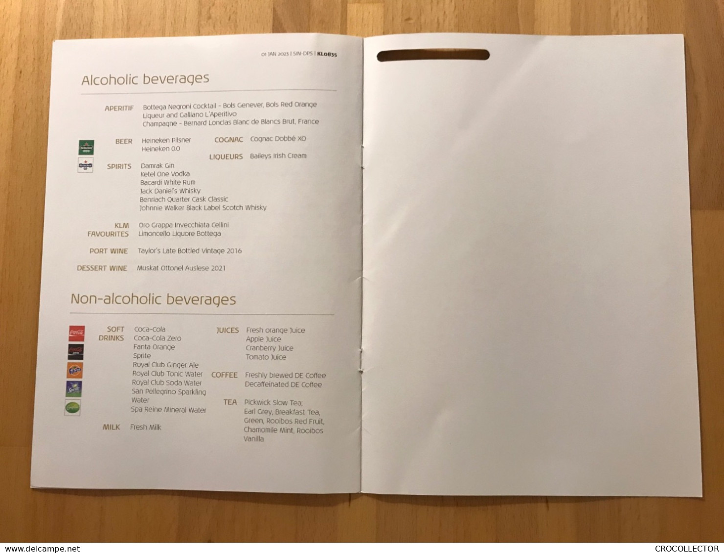 KLM Business Class Menu SIN-DPS 01 JAN 2023 - Menus