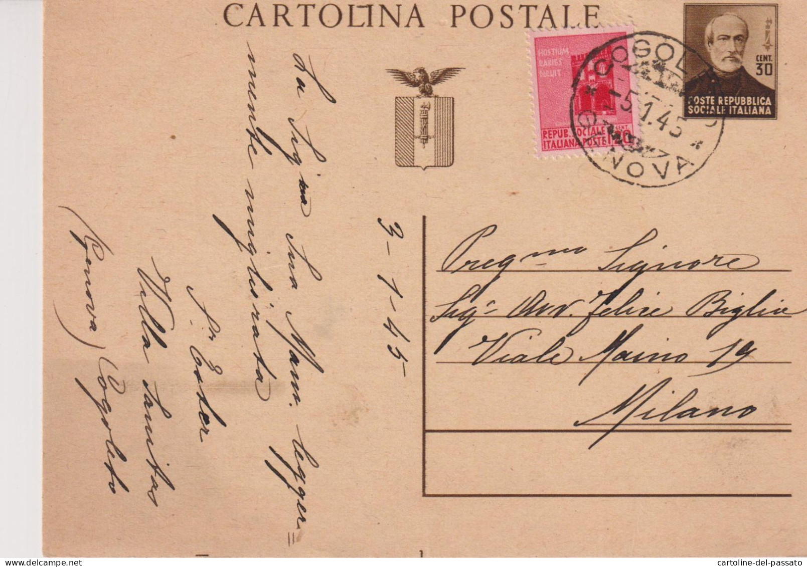 STORIA POSTALE  RSI INTERI POSTALI CENT. 30 + 20  DA COGOLETO GENOVA  PER MILANO - Ganzsachen