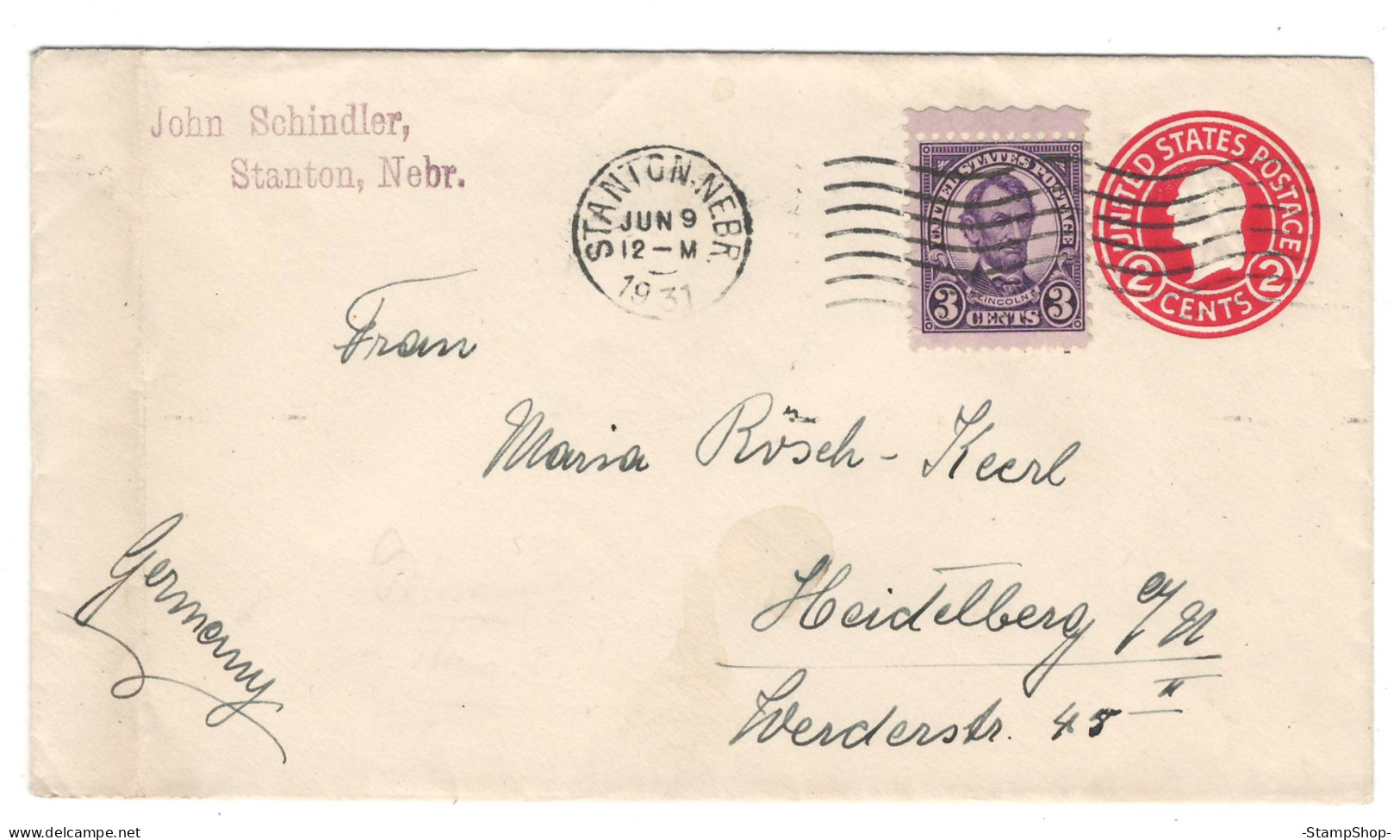 1931 USA, United States, US - Stanton To Germany - Stationery, Envelope - - 1921-40