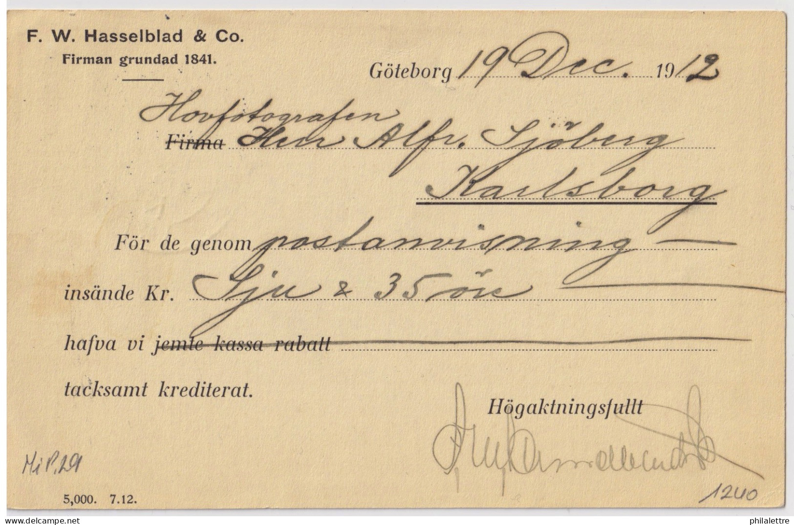 SUÈDE / SWEDEN - 1912 - 5 öre Green Postal Card Mi.P29a (date 212) Used GOTEBORG (LBR * 2 *) To KARLSBORG - VF Used - Postal Stationery