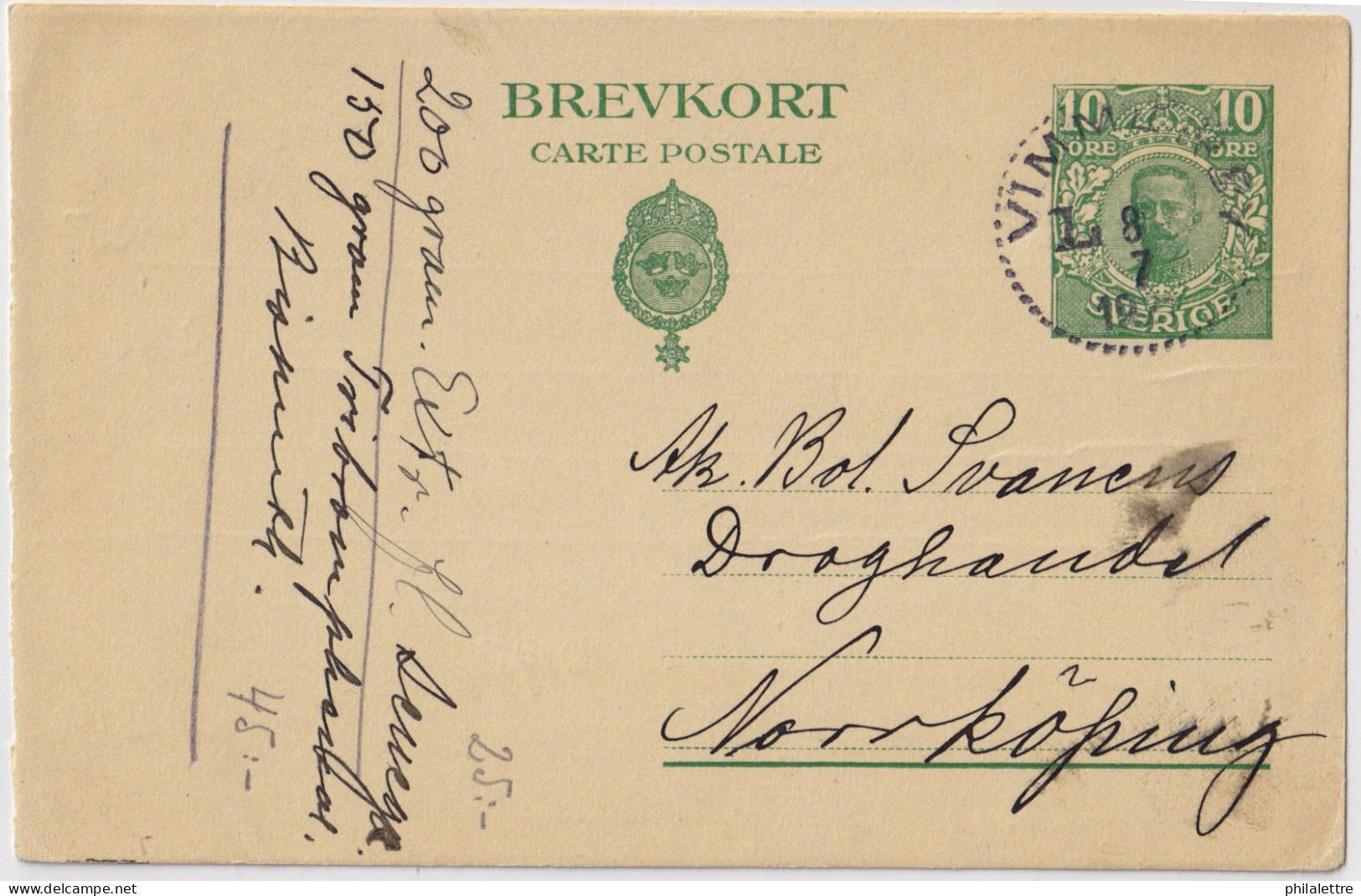 SUÈDE / SWEDEN - 1921 - 10 öre Green Postal Card Mi.P39 Used From VIMMERBY To NORKÖPING - Ganzsachen