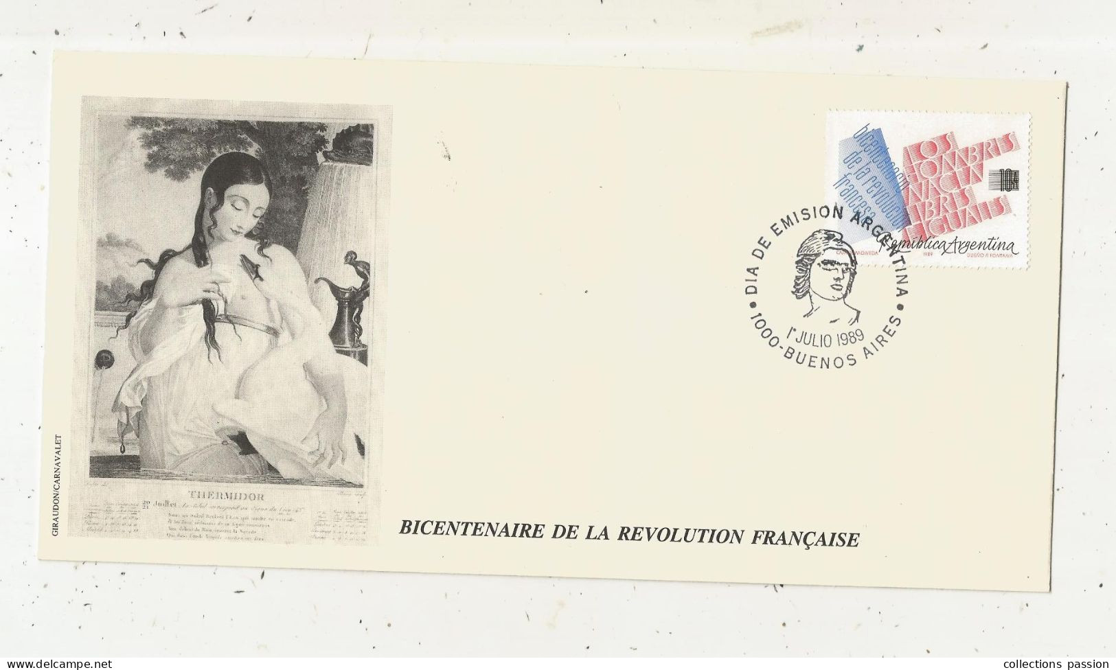 FDC, Premier Jour, BICENTENAIRE DE LA REVOLUTION FRANCAISE, Argentina,1000-BUENOS AIRES, 1989 , Frais Fr 1.75 E - FDC