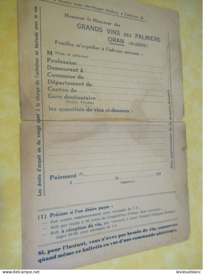 Grands Vins Des Palmiers/Oran (Algérie) / Enveloppe + Bulletin// 1930-1950    OEN30 - Levensmiddelen