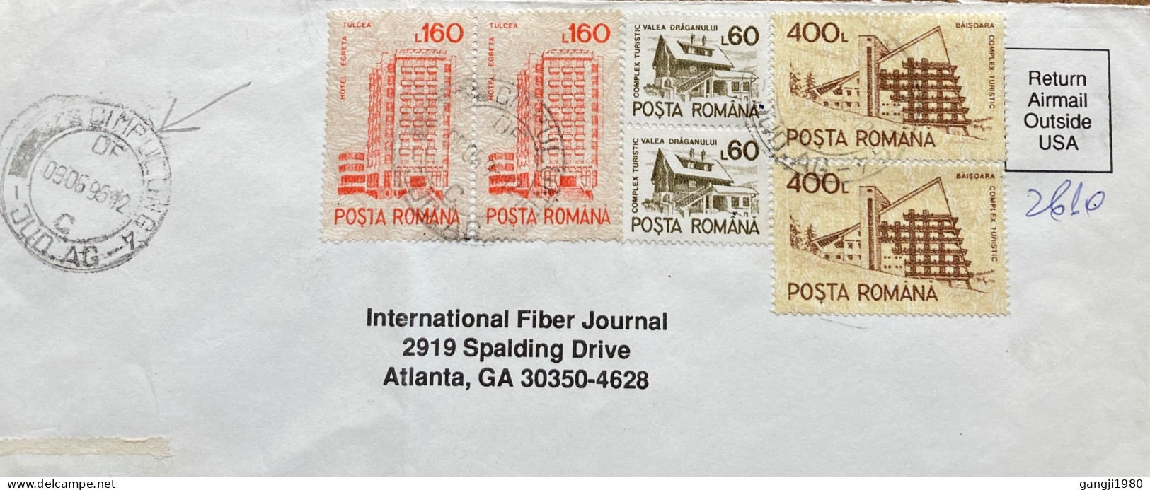 ROMANIA 1996, COVER USED TO INTERNATIONAL FIBER JOURNAL,  MULTI 6 STAMP, DIFFERENT BUILDING VIEW. - Covers & Documents