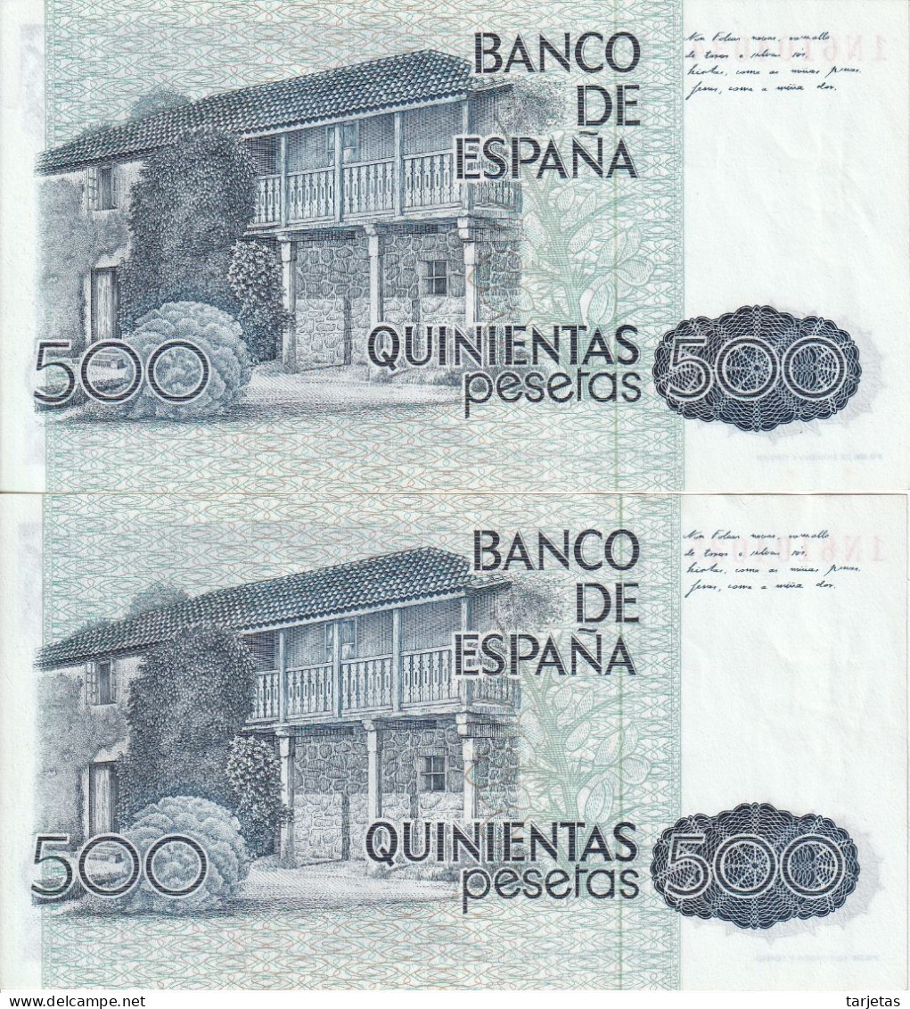 PAREJA CORRELATIVA DE 500 PTAS DEL AÑO 1979 SERIE 1N CALIDAD EBC++ (XF) (BANKNOTE) ROSALIA DE CASTRO - 500 Pesetas