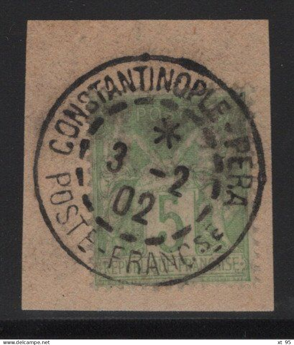 Type Sage Sur Fragment Obliteration Constantinople Pera - 10-2-1902 - Premiere Date Connue Du Bureau - Used Stamps