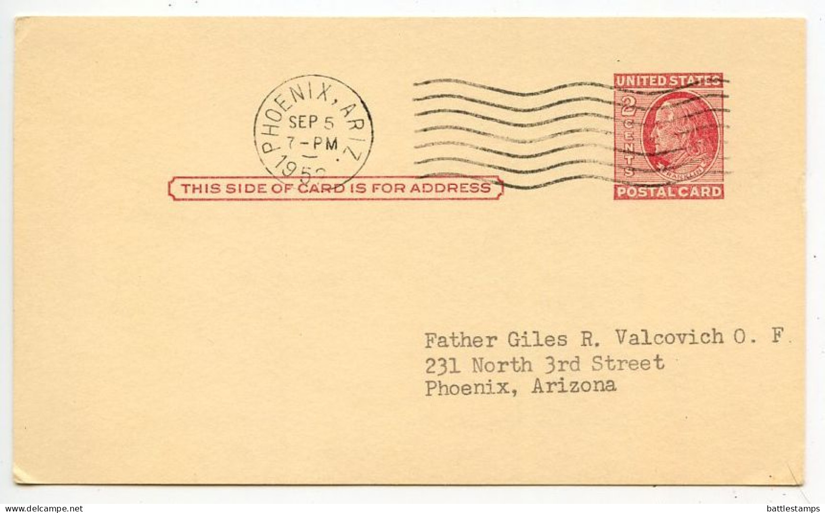 United States 1952 Scott UX38 2c. Franklin Postal Card; Phoenix, Arizona - Knights Of Columbus - 1941-60