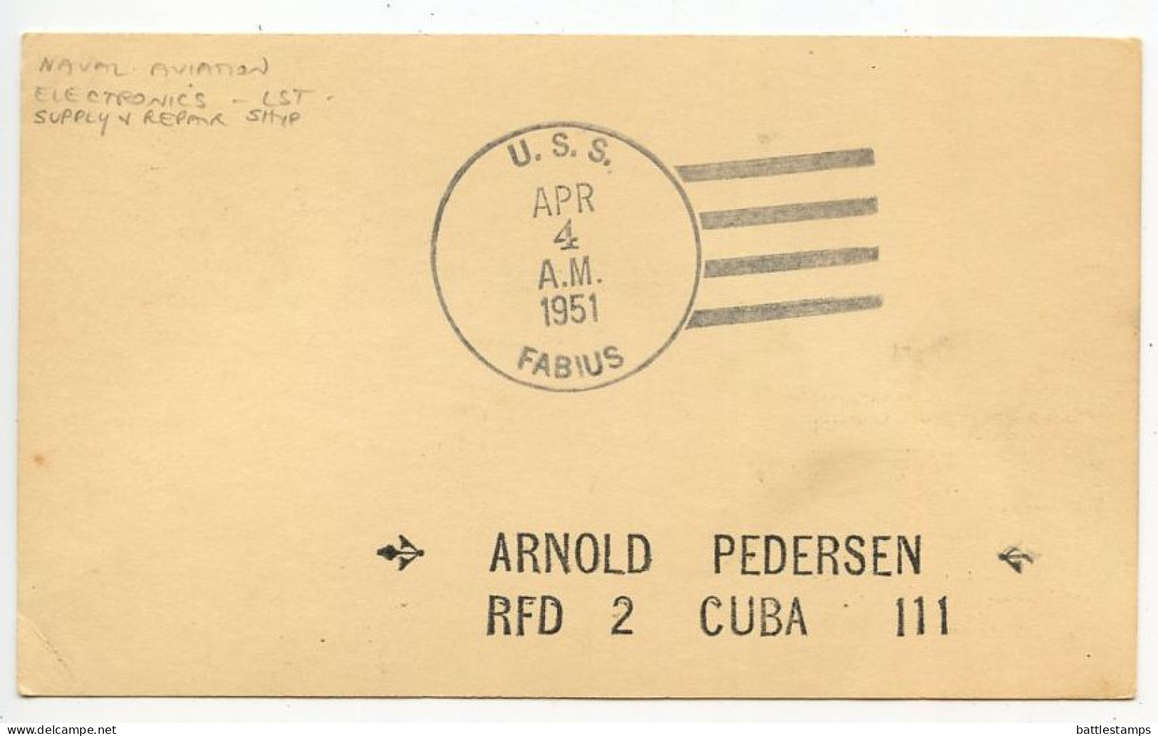 United States 1951 Scott UX27 1c. Jefferson Postal Card - U.S.S. Fabius Navy 4-bar Postmark - 1941-60